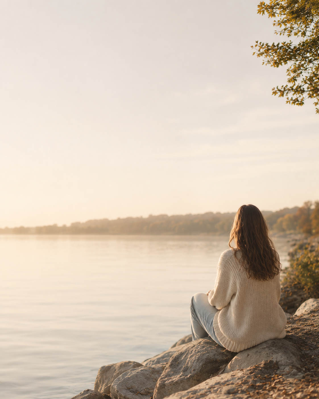 Woman in a cream sweater sitting quietly in warm sunlight, representing reflection, healthy boundaries, and making room for personal needs.