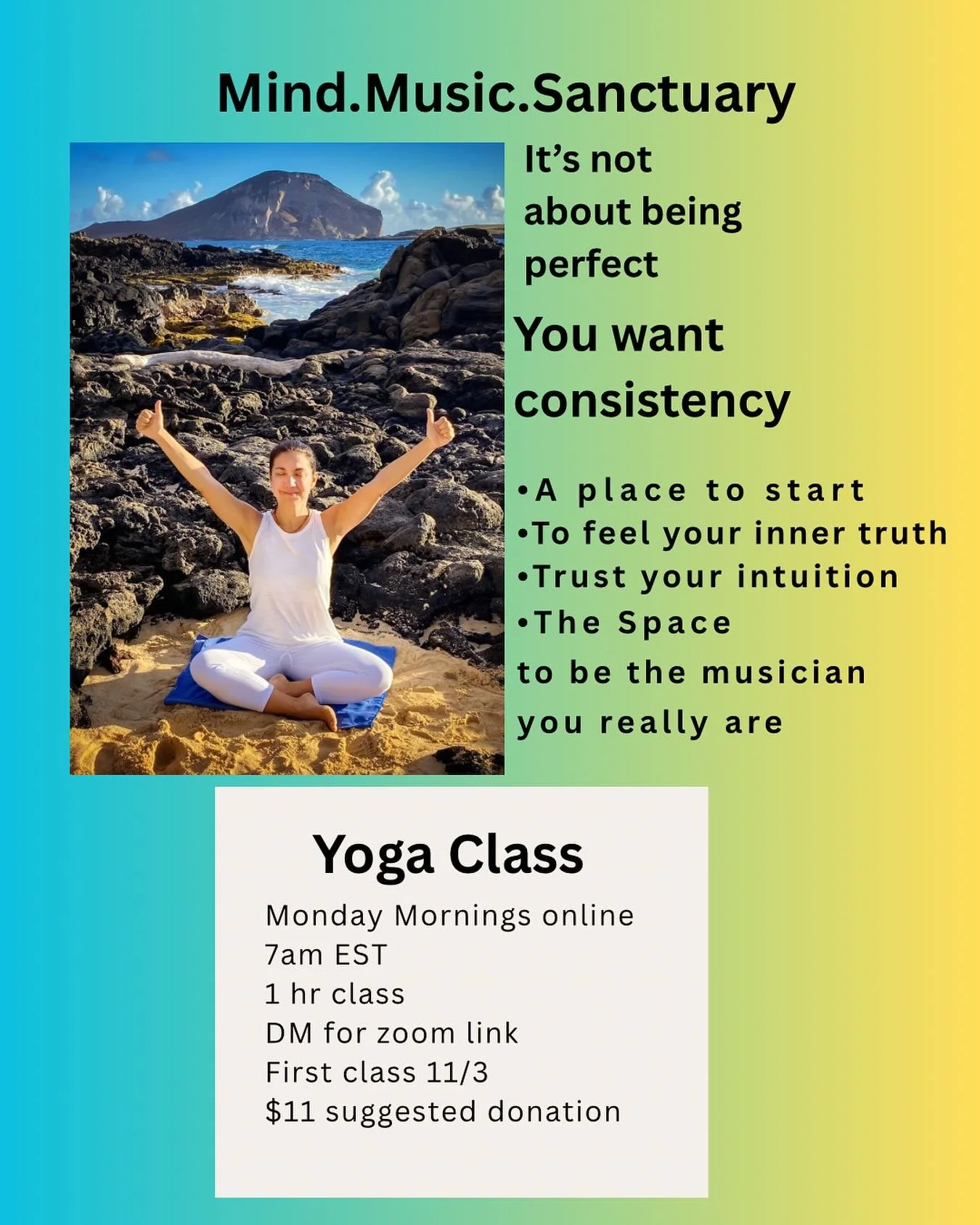 You’ve asked, and it is now happening! 
🎶🧘‍♀️I am bringing back the Mind.Music.Sanctuary weekly online yoga class.
🙏Monday mornings 7AM EST, DM me for Zoom link
I love to share my yoga practice with you all. I am also a firm believer in