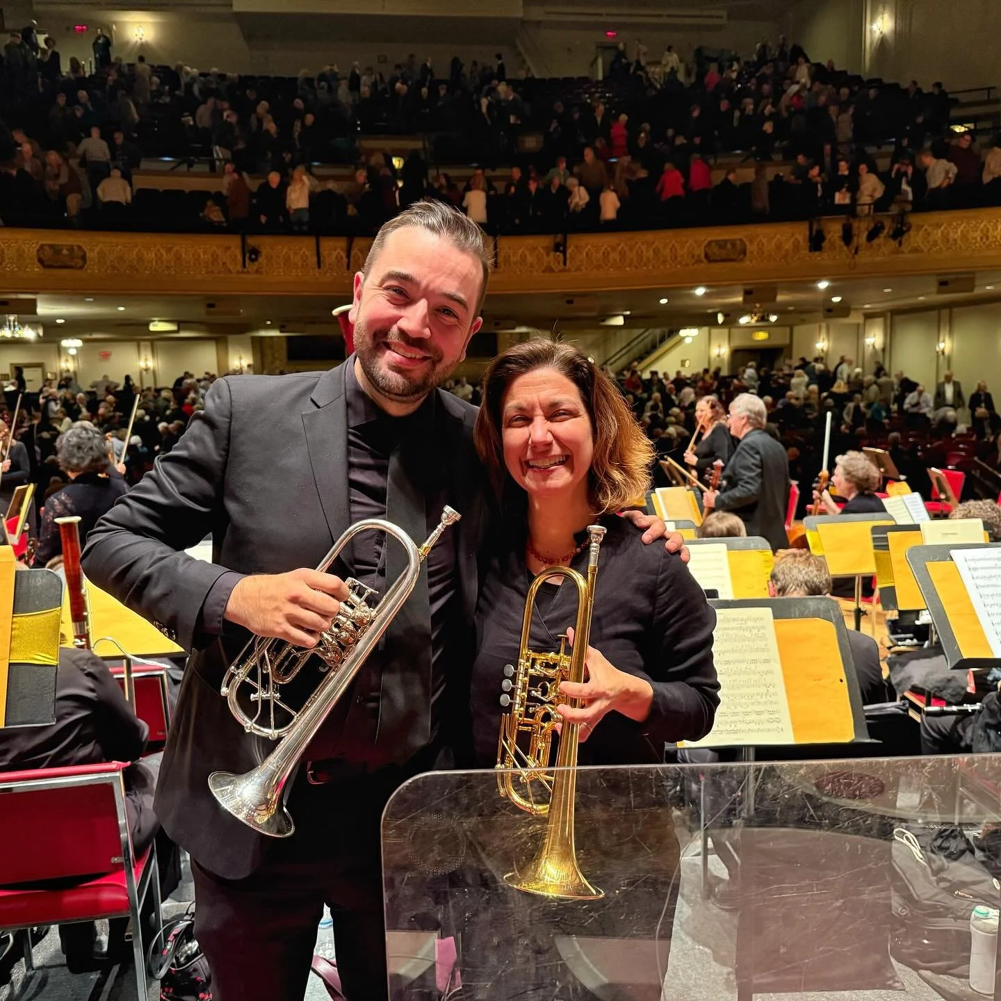 It doesn&rsquo;t happen often that we are both there at the same time, lol. Fun Brahms 2 with @andrew.moreschi ! 
🎶it&rsquo;s a tough call cause they all hit ❤️🔥, but probably my favorite of the Brahms Symphonies. 
🎺Picture 2, if you know, you kno