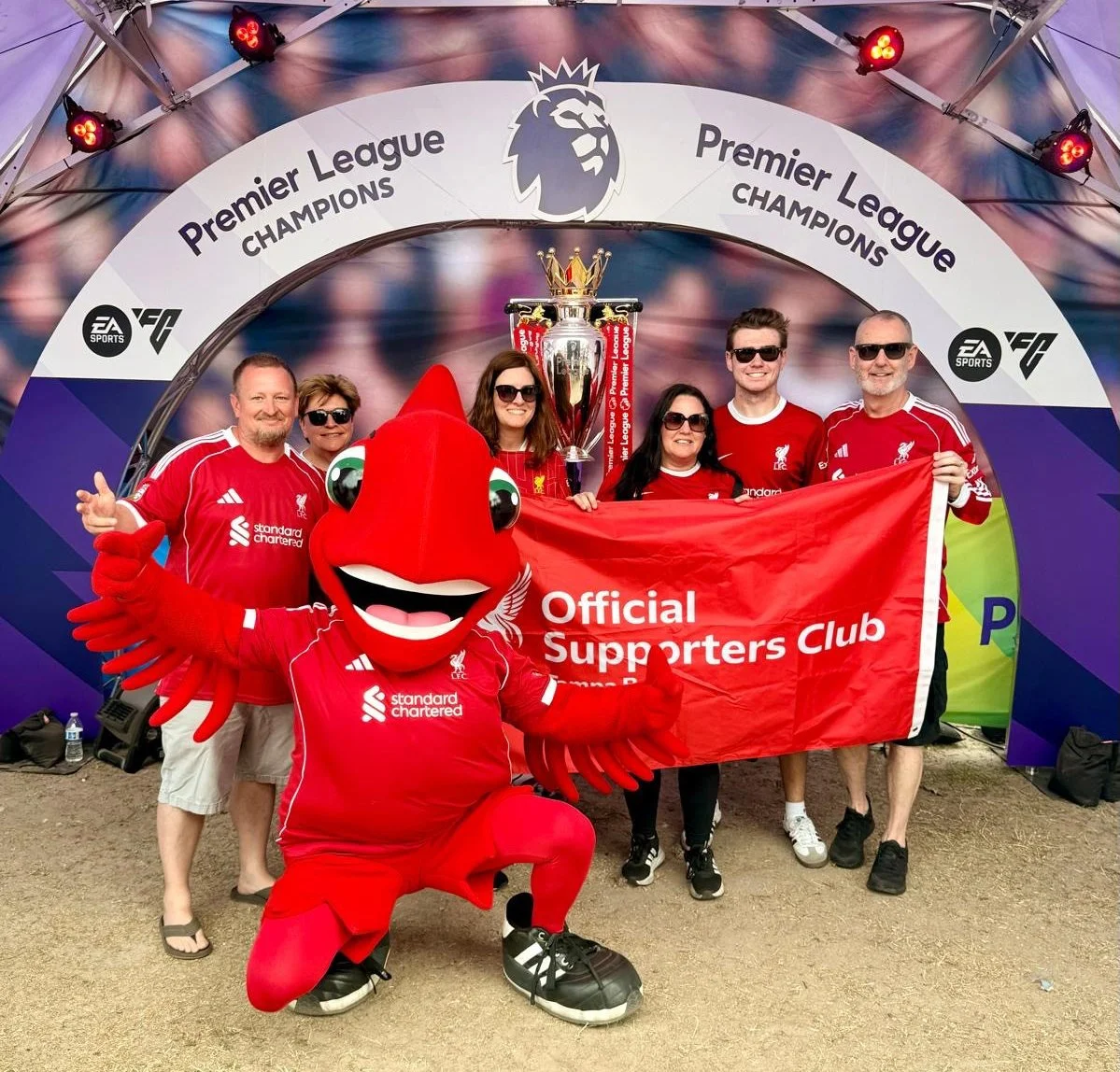 English Premier League Champions Trophy Official Liverpool Supporters Club of Tampa Bay OLCS with Mighty Red Mascot