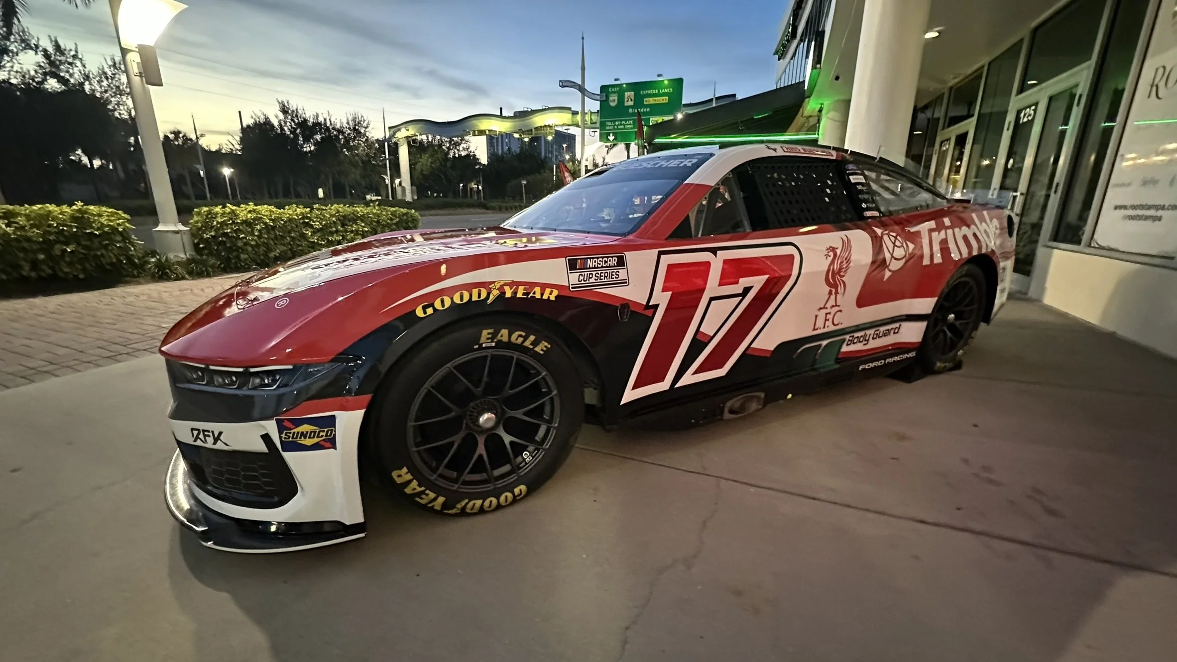 Nascar Cup Series RFK Racing Number 17 Trimble LFC Ford Mustang Dark Horse Driven by Chris Buescher at Sonoma Raceway Liverpool Official Supporters Club of Tampa Bay OLSC