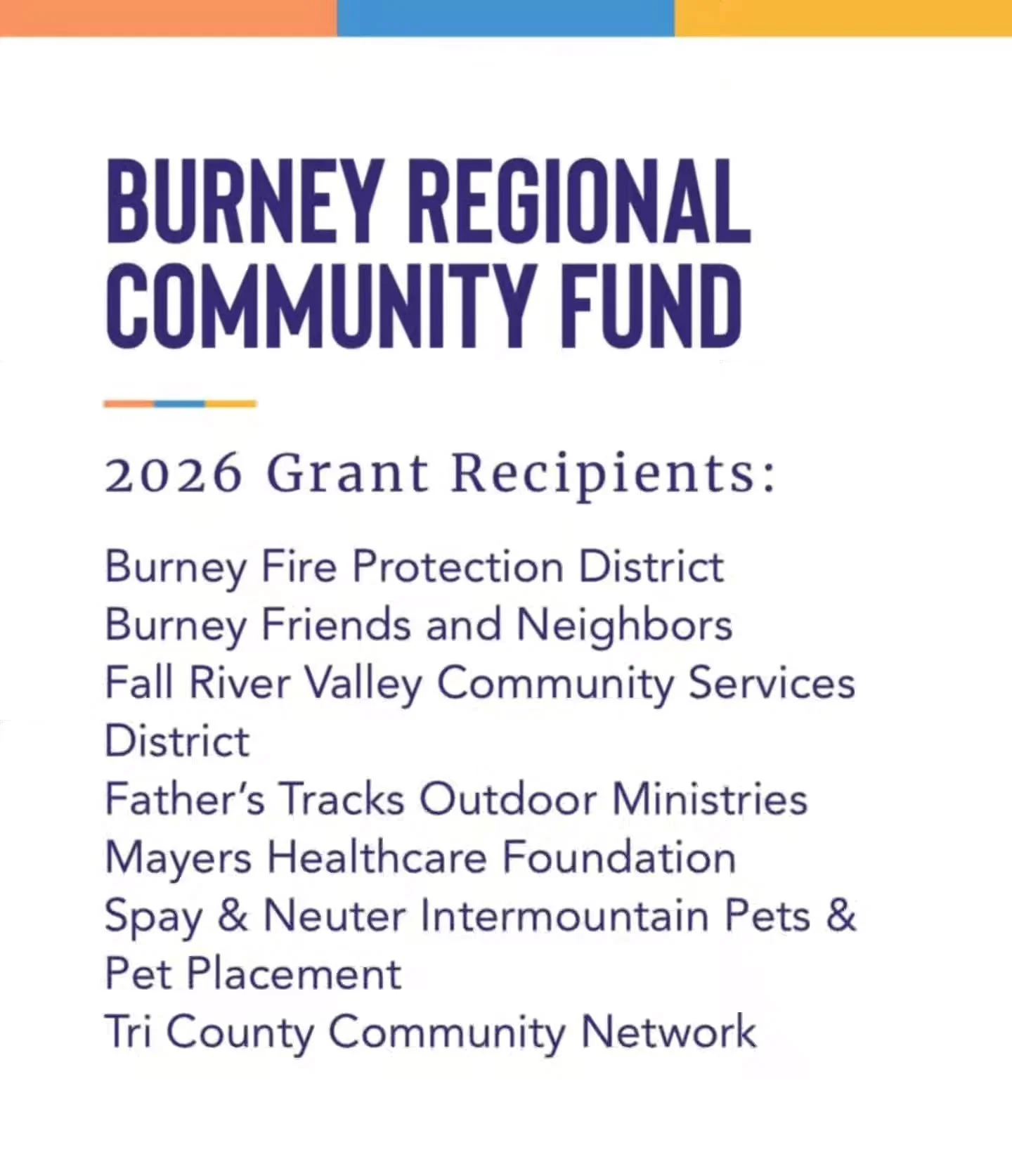 We are so honored and grateful to be one of the grant recipients of this year's Burney Regional Community Fund.

To us, this gift is more than funding, it&rsquo;s a vote in the importance and value of getting our youth in the outdoors and investing i