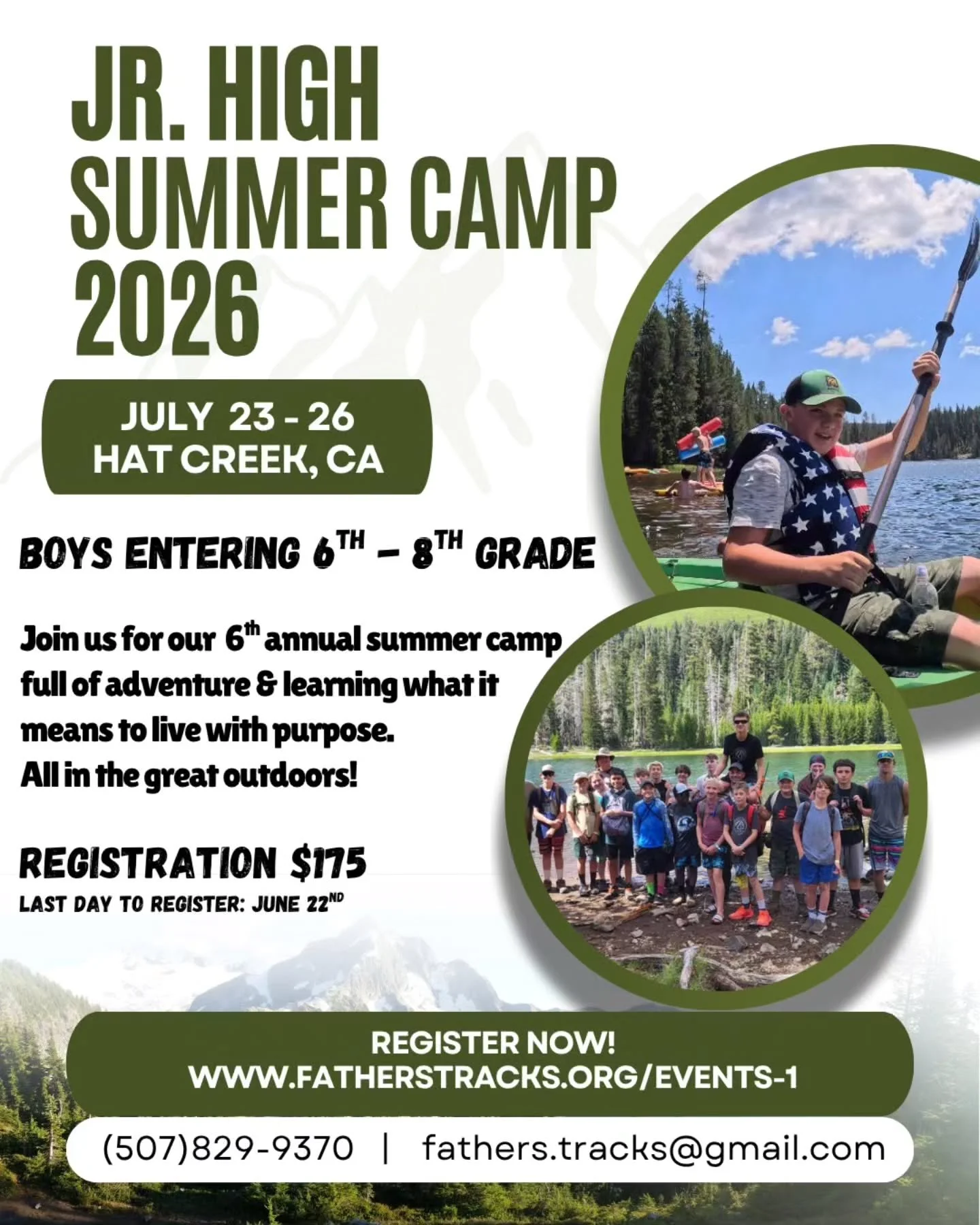Mark your calendars!
🌲⛺️🎯🎣🛶 Summer 2026!

Jr. High Boys Summer Camp!
JULY 23-26!

REGISTRATION NOW OPEN, SNAG YOUR SPOT TODAY! 
⬇️
https://pci.jotform.com/form/260608297776168

Reach our for any questions!