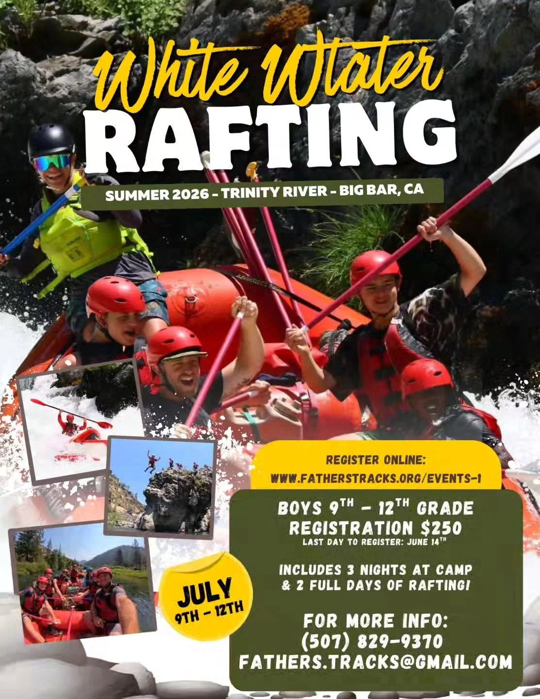 Mark your calendars! 
🗓🏞🏕 Summer 2026!

High School Boys Whitewater Rafting Trip on the Trinity River! 

JULY 9-12
LIMITED SPACES! 
REGISTRATION OPEN NOW!
⬇️
https://pci.jotform.com/form/260608370276155

Reach out for any questions!