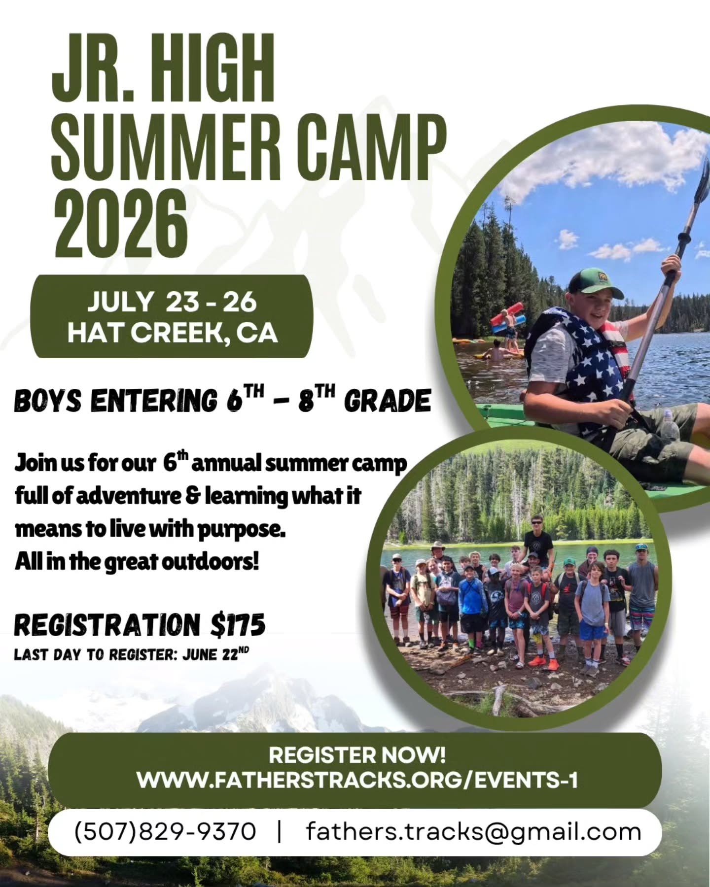 Mark your calendars!
🌲⛺️🎯🎣🛶 Summer 2026!

Jr. High Boys Summer Camp!
JULY 23-26!

REGISTRATION NOW OPEN, SNAG YOUR SPOT TODAY! SPACES ARE LIMITED!
⬇️
https://pci.jotform.com/form/260608297776168

Reach our for any questions!