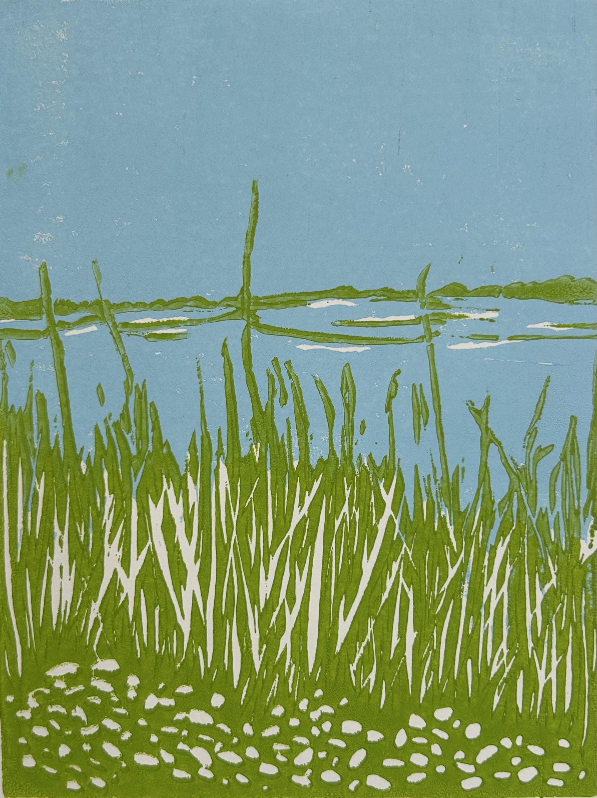 Cockenoe (day), 2025. Linocut, edition of 3; 7"x5".