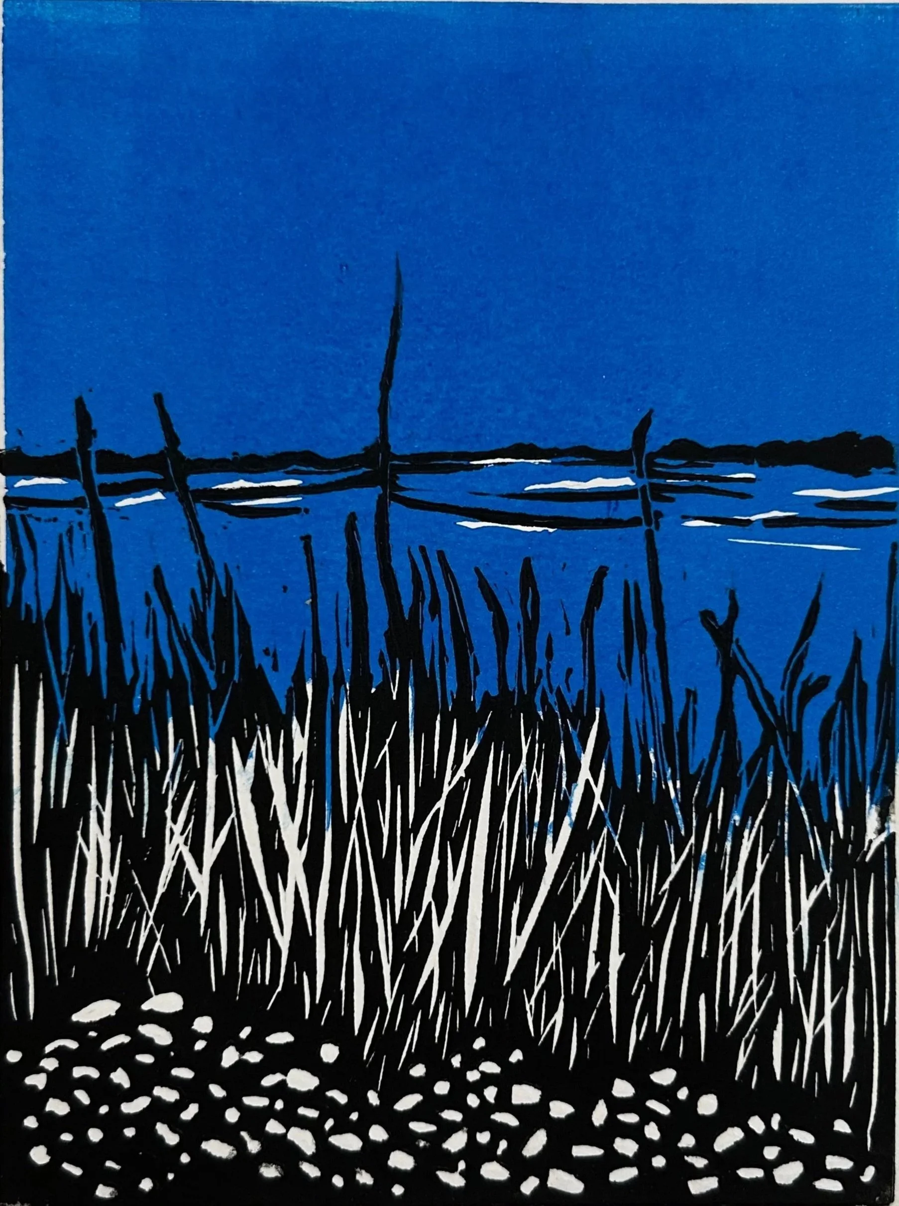 Cockenoe (night), 2025. Linocut, edition of 3; 7"x5".