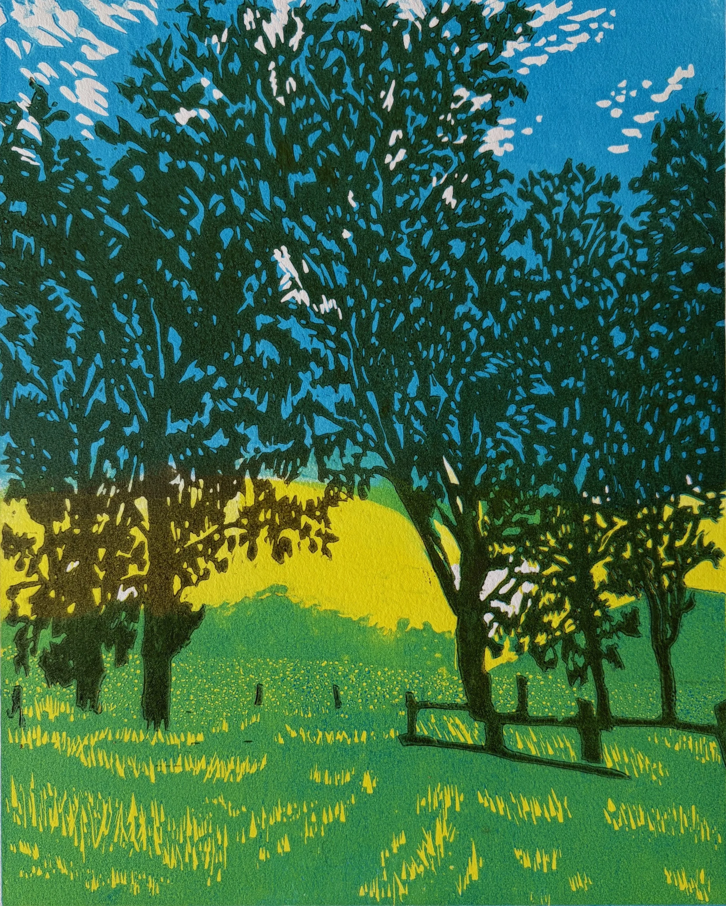 Enjoy the View (olive), 2026. 3-layer reductive linocut. Edition of 6; 10x8".