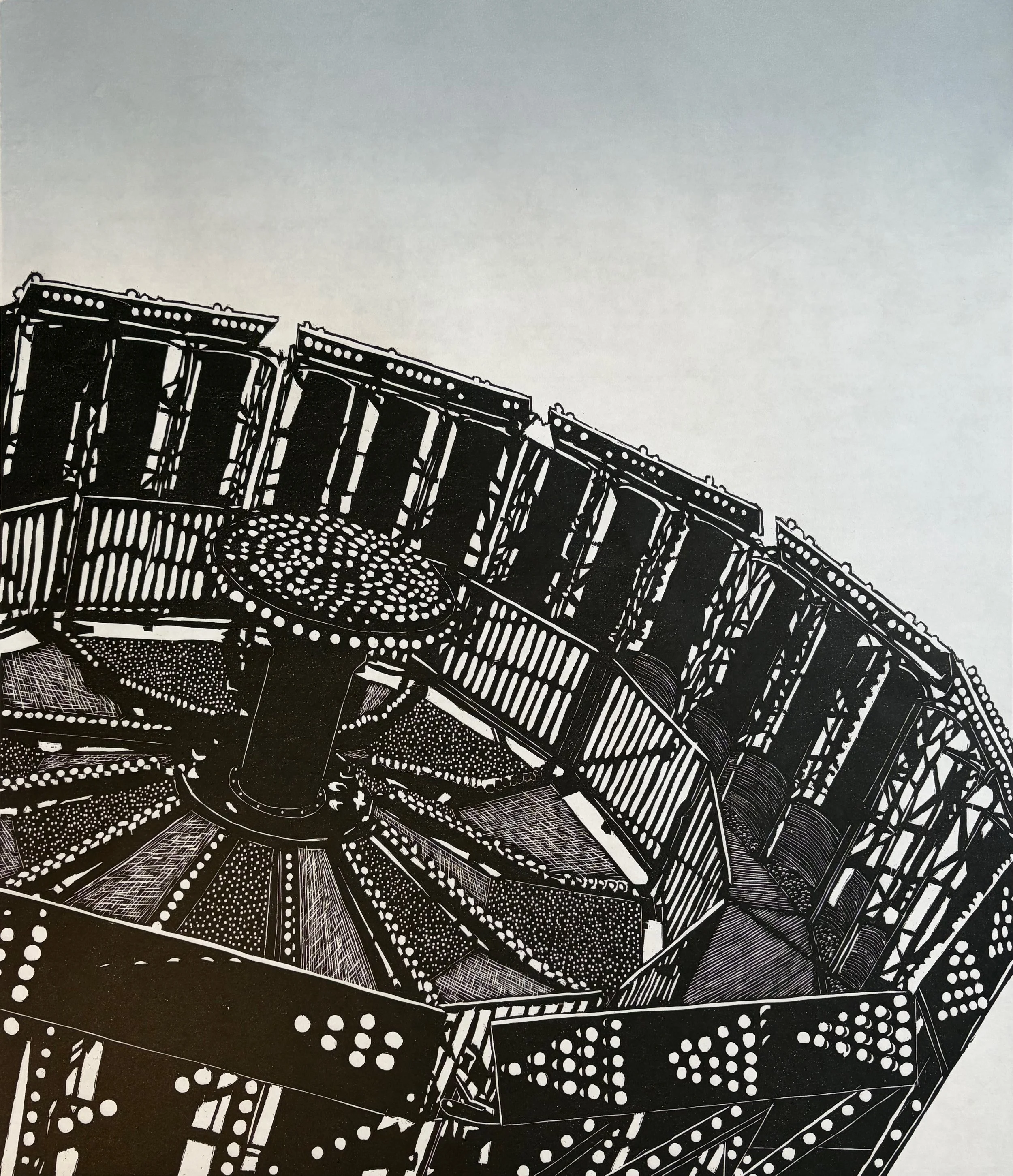 We Ride At Dusk, 2025. Woodcut with monotype, 28x24".