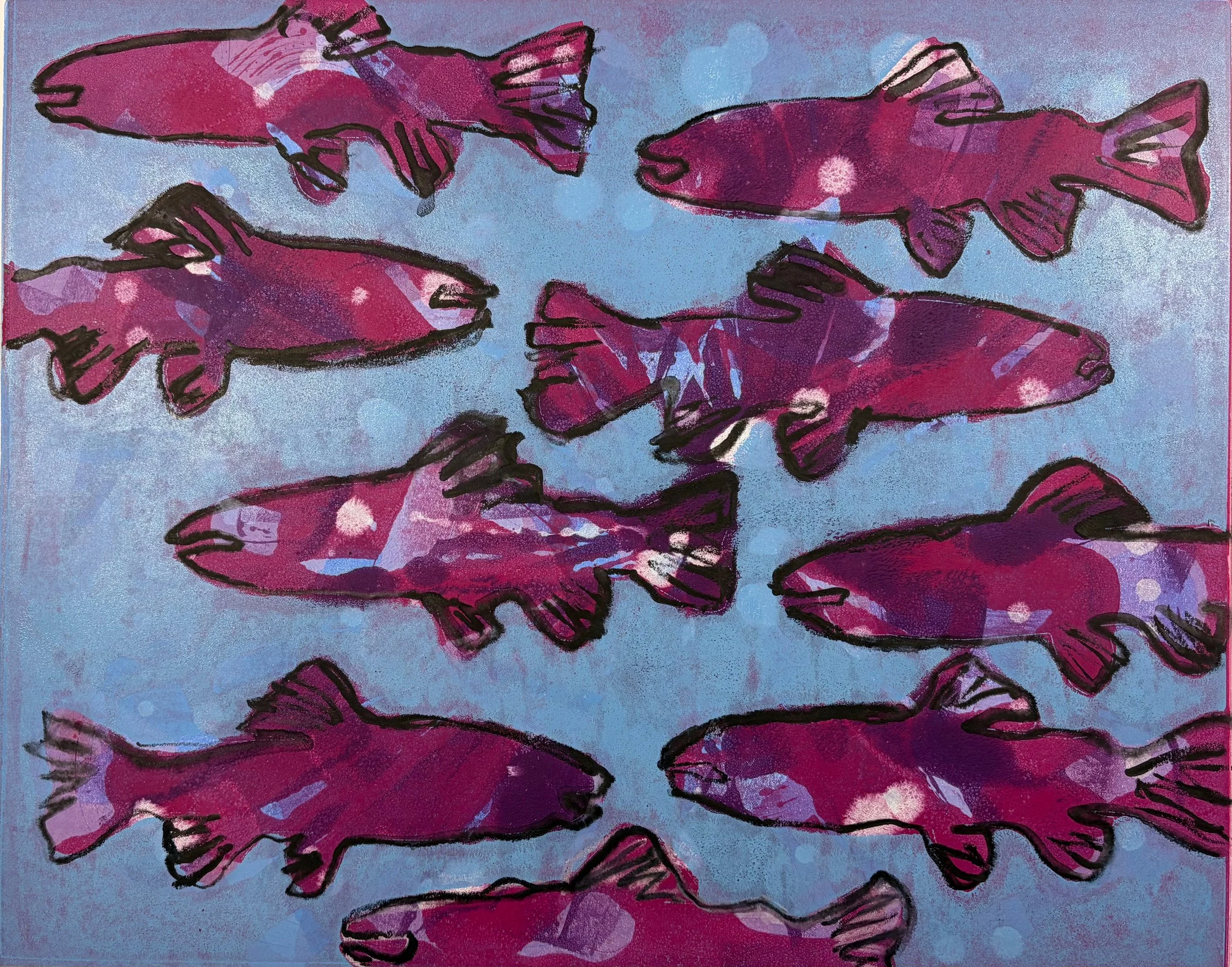 Go, Fish, 2026. Monotype with graphite; 16x20".