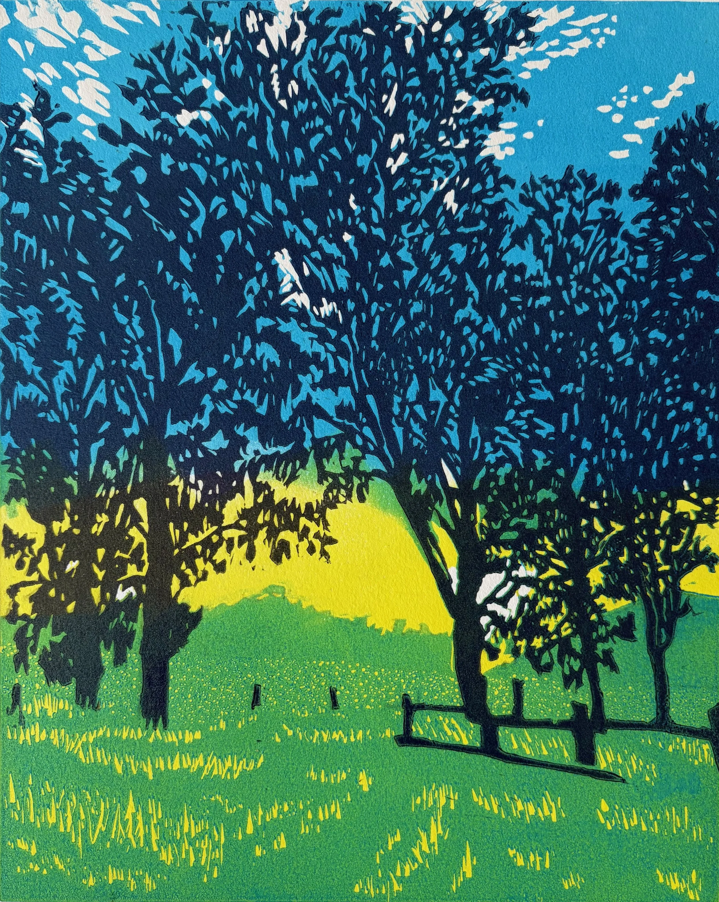 Enjoy the View (eggplant), 2026. 3-layer reductive linocut. Edition of 7; 10x8".