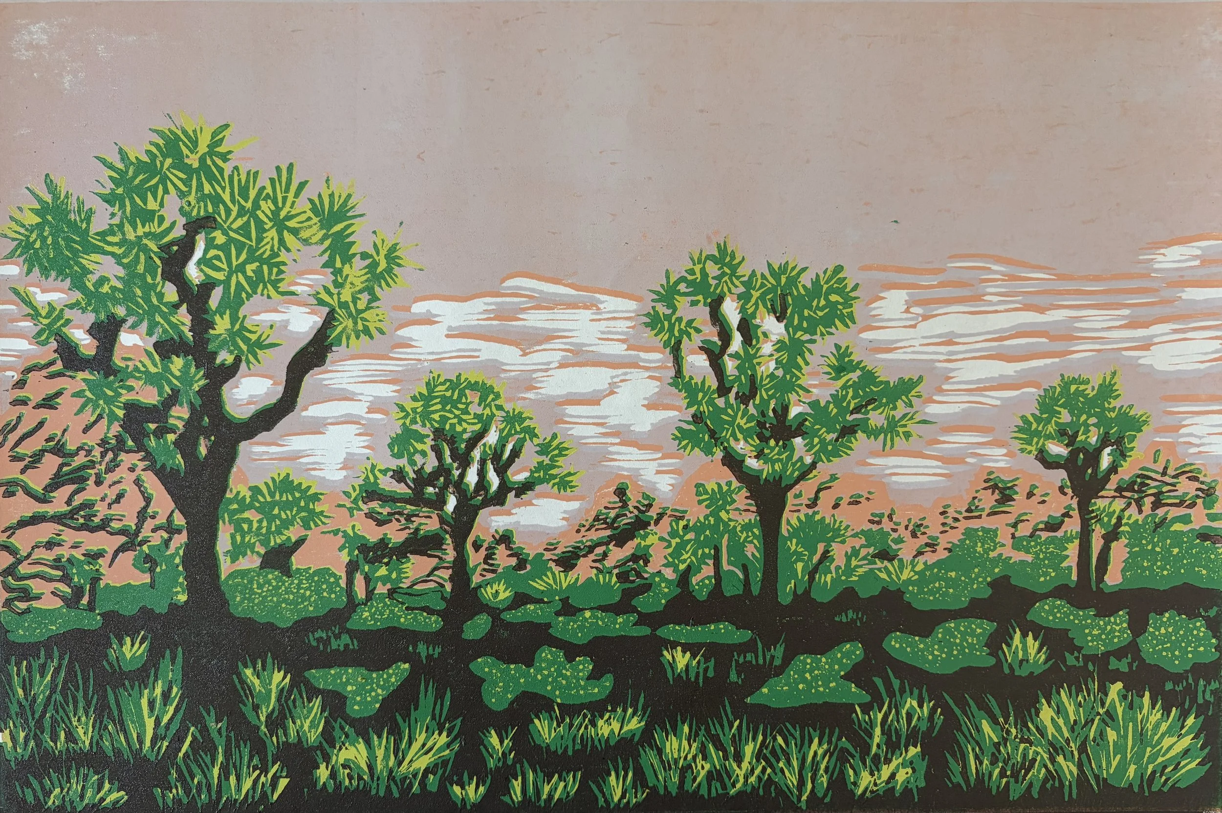 Lilac Sky, 2026. Five-layer reductive woodblock print; 12x18". Edition of 4.