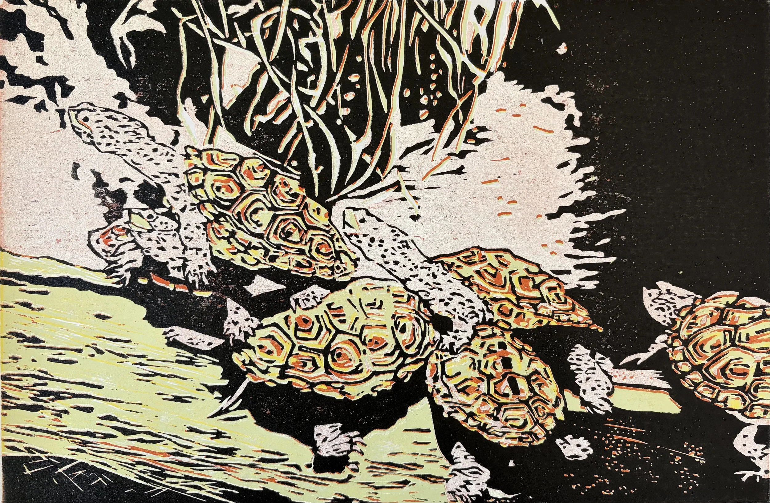 Rush Hour, 2026. Five-layer reductive woodblock print; 12x18". Edition of 4.