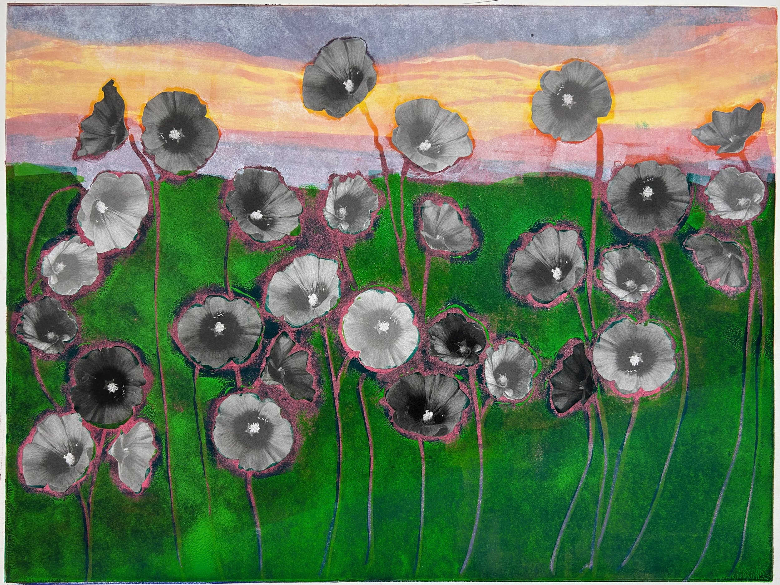 Dancing in the Field, 2024. Monotype and collage; 18x24".
