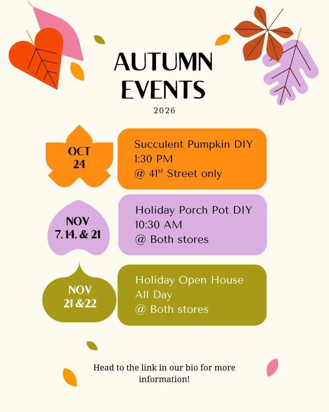 We've got some exciting events coming up this autumn! 🍂 Get more information on each event through the link in our bio or head to our website and find all the info under the Events tab. See you there🤗

#midwestgardencenter #siouxfallsgarden #fallev