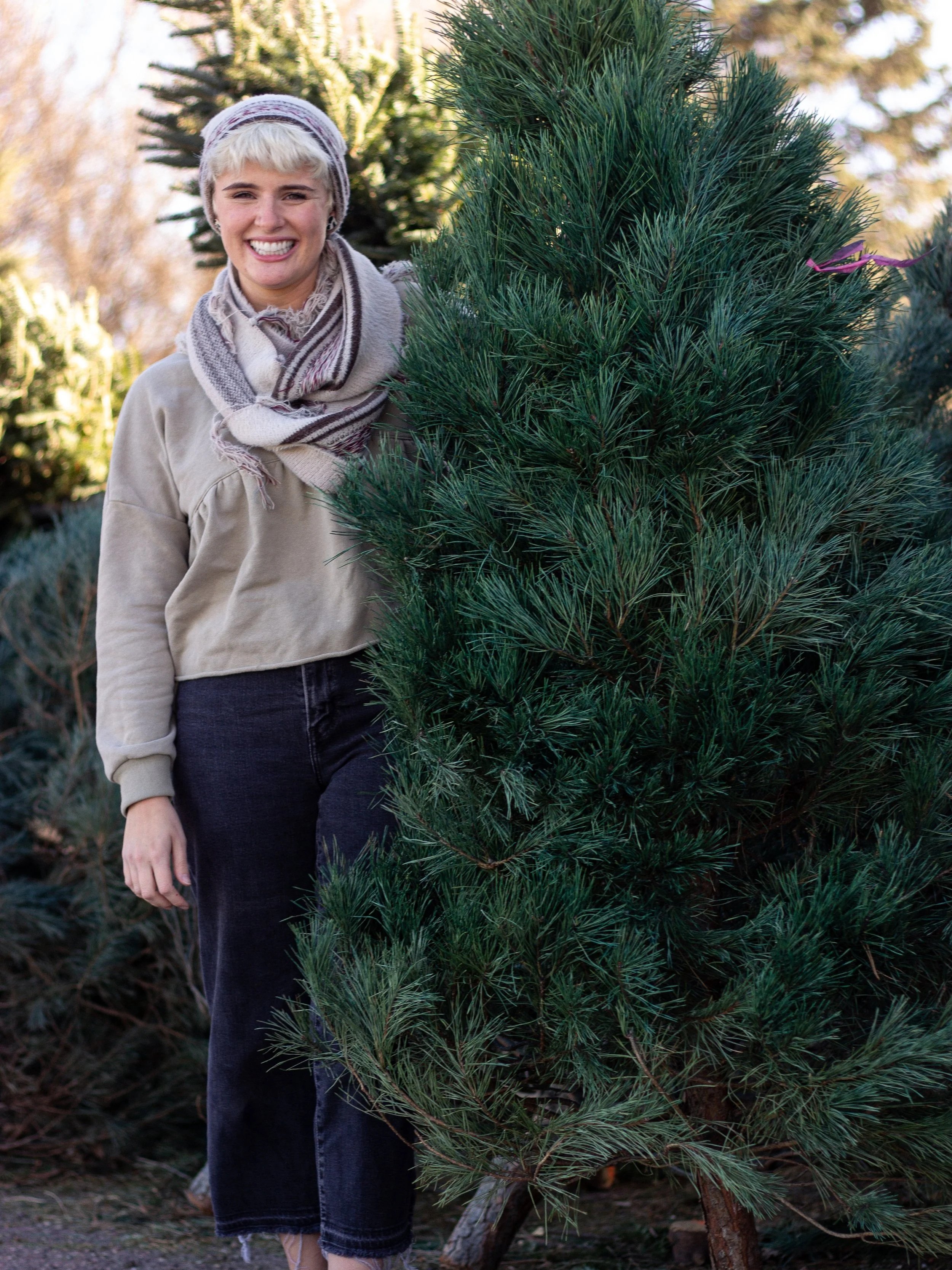 young woman standing with fresh cut christmas tree 