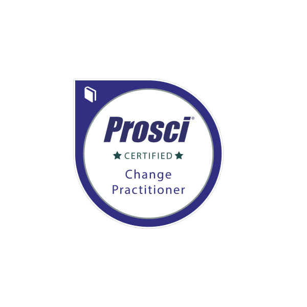 Prosci certified change practitioner badge with a blue border and white background.