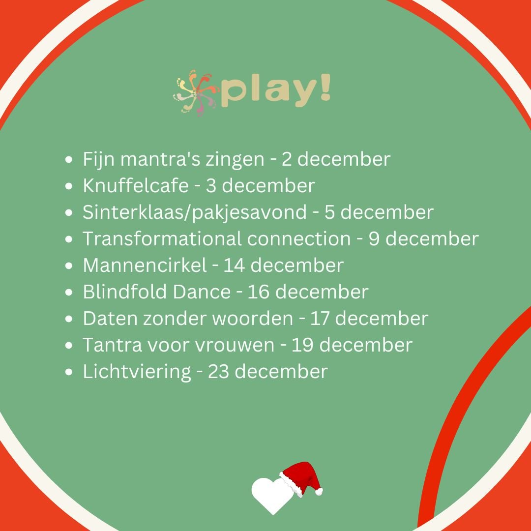 🌙 De laatste agenda van 2024! 🌙

Kom je het jaar fijn afsluiten? Kom je nog een keer delen, connecten, daten, vieren, dansen, zingen? ✨
We zien je graag in december lief Play-mens, tot snel :)
