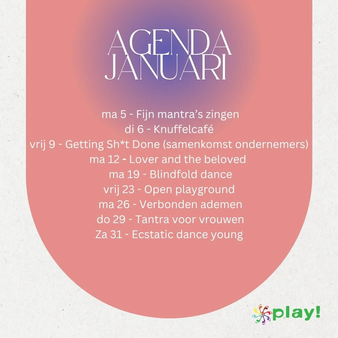 ✨ Januari bij play! ✨

Een maand vol verbinding, beweging en speelsheid.
Van mantra&rsquo;s zingen tot ecstatic dance, van knuffels tot diepe ademhaling. 💛

Waar zien we jou?

📅 Check de agenda &amp; voel wat roept.

🔗 https://hipsy.nl/play-utrech