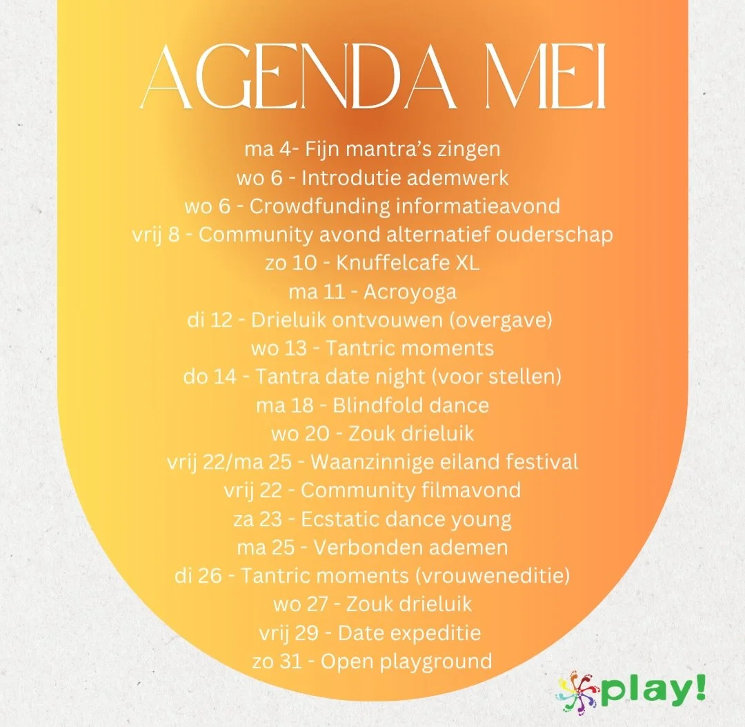 Mei zit vol verbinding, speelsheid en verdieping 🌿✨
Van ademwerk tot dans, van tantra tot community vibes, er is voor ieder wat wils.

Waar zien we jou deze maand? 💛

#agenda #mei #community #verbinding #ademwerk