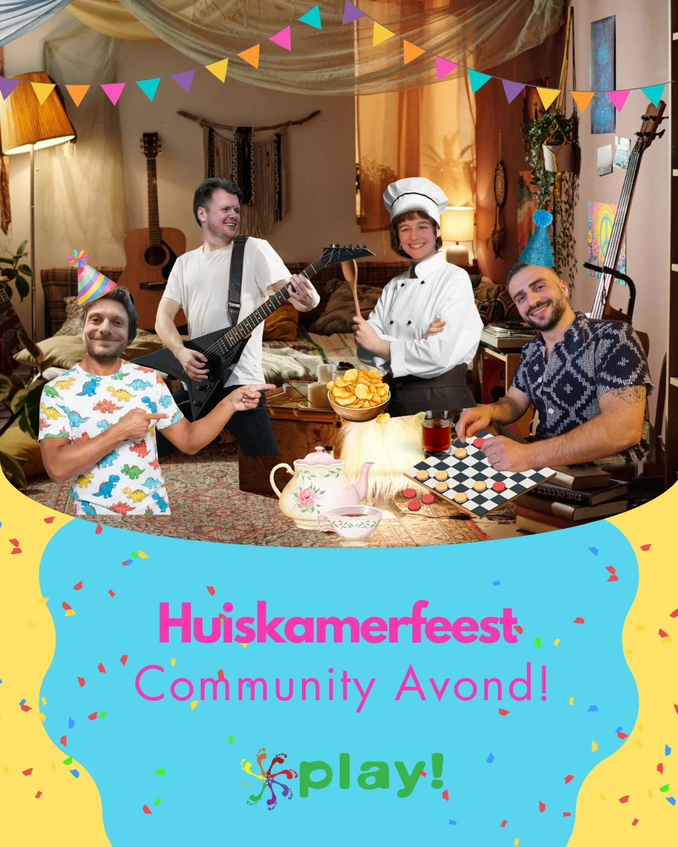 Huiskamerfeest community avond- 26 juni 🎉

Bij play is het altijd feest, sluit jij aan bij de laatste community avond voor de zomer 🌞
Een heerlijke vrije avond, met nog volop ruimte voor jouw idee&euml;n en wensen. ⭐️
Deze avond vol verbinding wil 