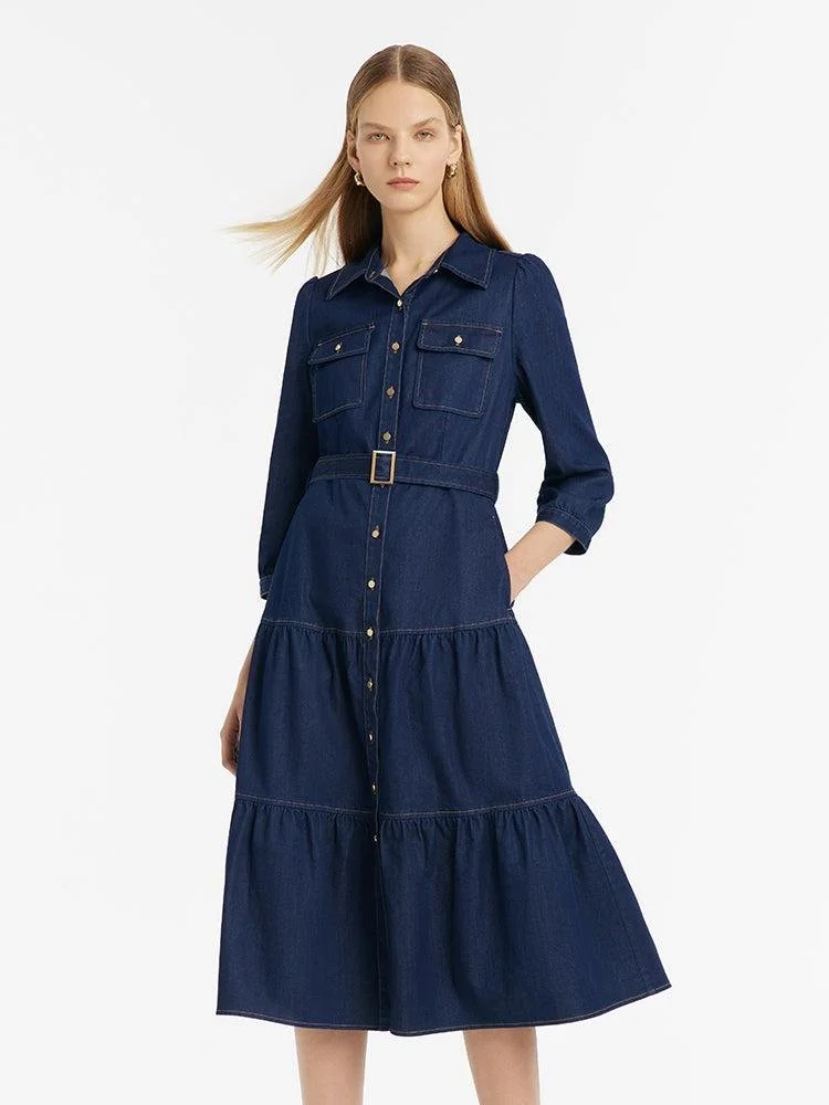 Goelia Denim Gathered Waist Midi Dress.jpeg