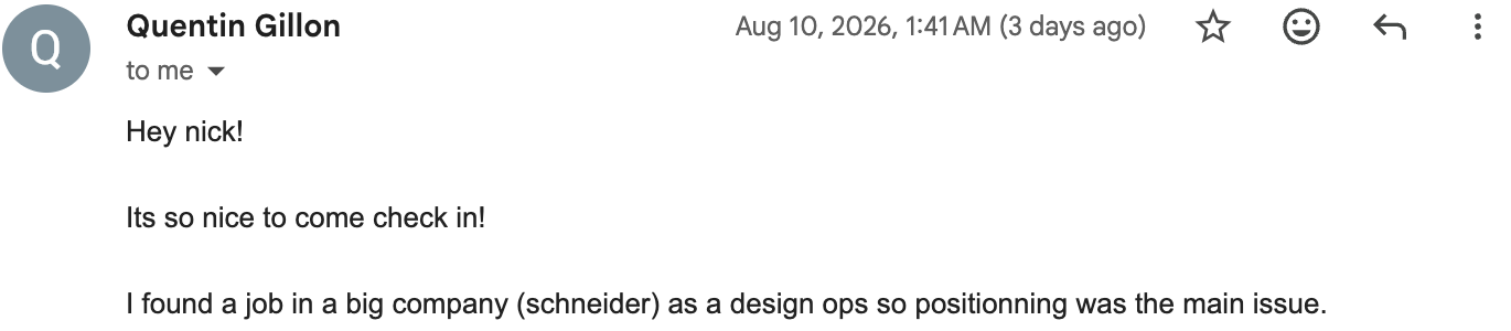 Quentin’s later message that he found a Design Ops role and believed positioning was the main issue.