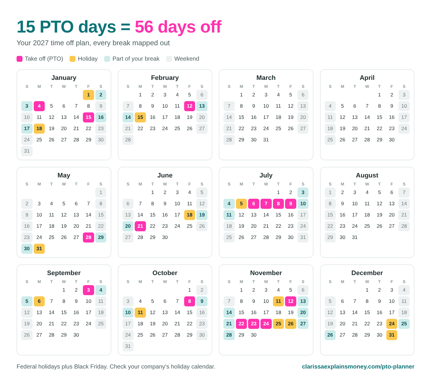 How to Maximize PTO in 2027: Turn 15 PTO Days Into 56 Days Off