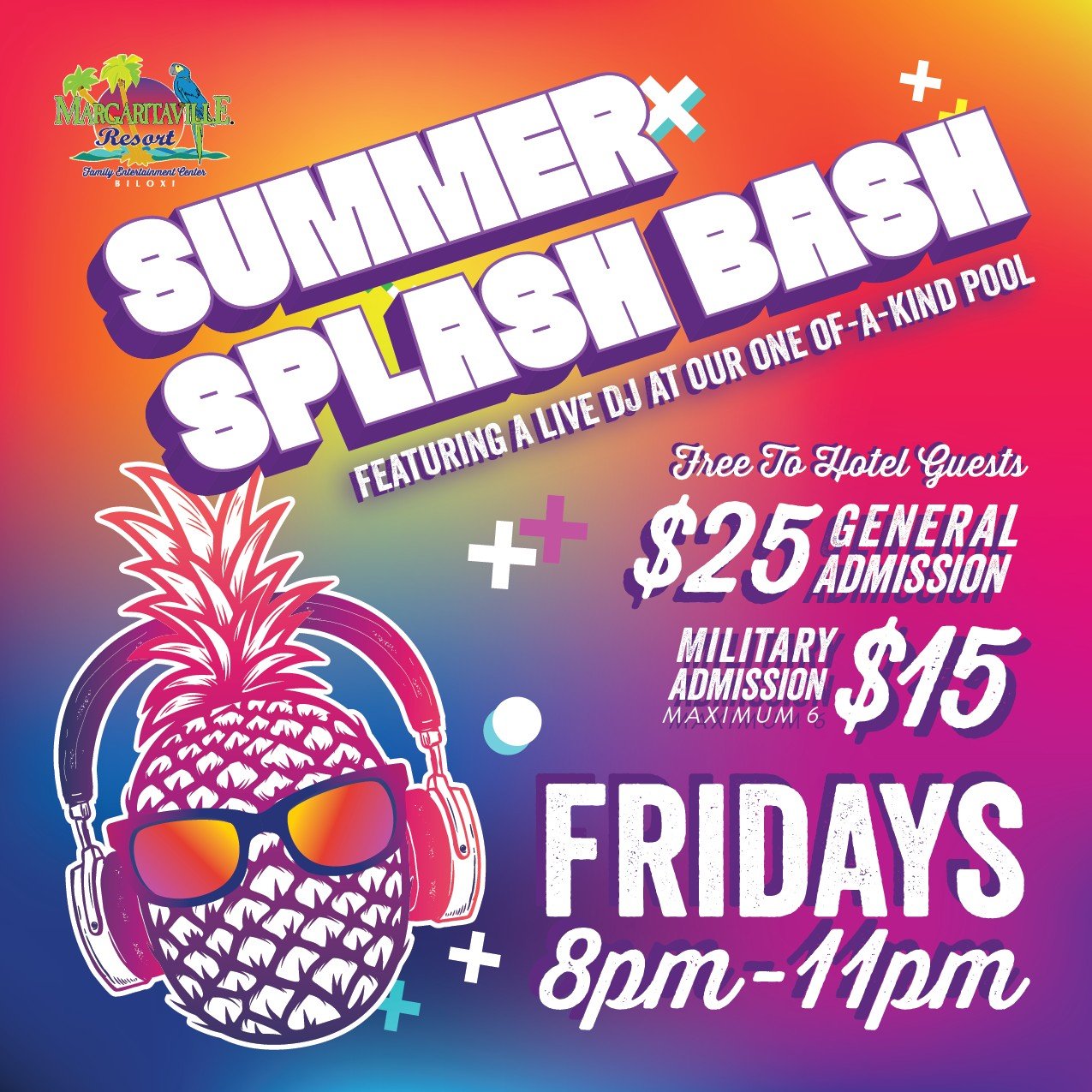 Summer Splash Bash is back and calling your name! Join us on Fridays from 8PM-11PM for the ultimate pool party! 

$25 General Admission | $15 Military Admission