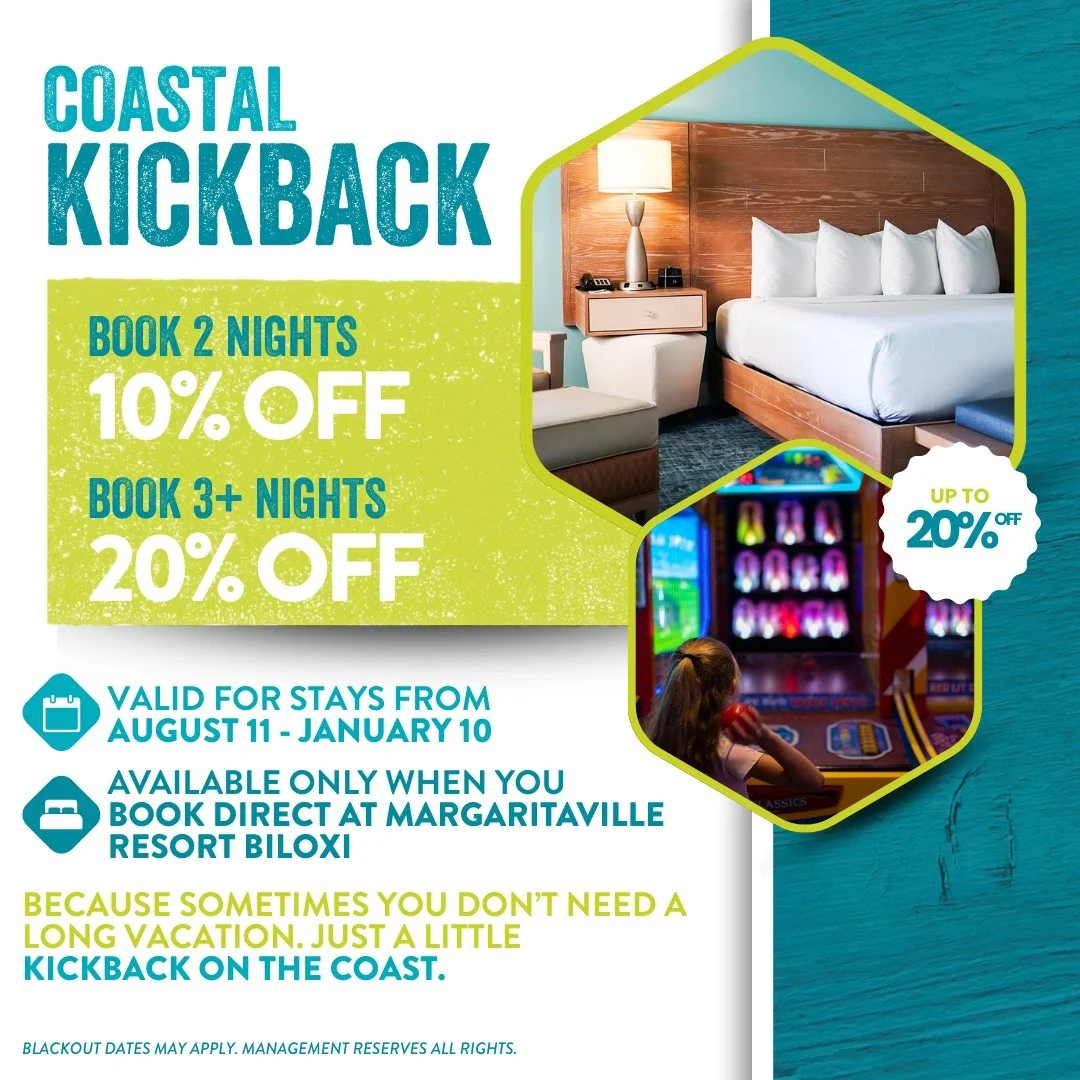 Need a quick escape that won&rsquo;t break the bank?
The Coastal Kickback at Margaritaville Resort Biloxi is here to help you recharge&mdash;without going far.

✅ Book 2 nights = 10% OFF
✅ Book 3 nights = 20% OFF

Relax, unwind, and soak in those wat