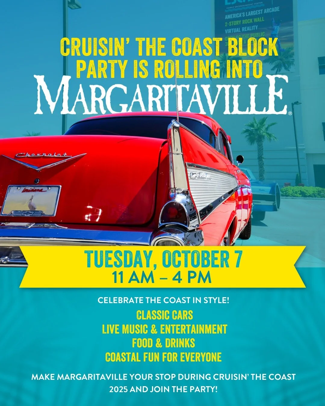 Cruisin&rsquo; the Coast Block Party is rolling into Margaritaville!
Join us Tuesday, October 7th from 11 AM &ndash; 4 PM
For a celebration of classic cars, live music, delicious food, and all the Gulf Coast vibes you love.  Live Entertainment Food &