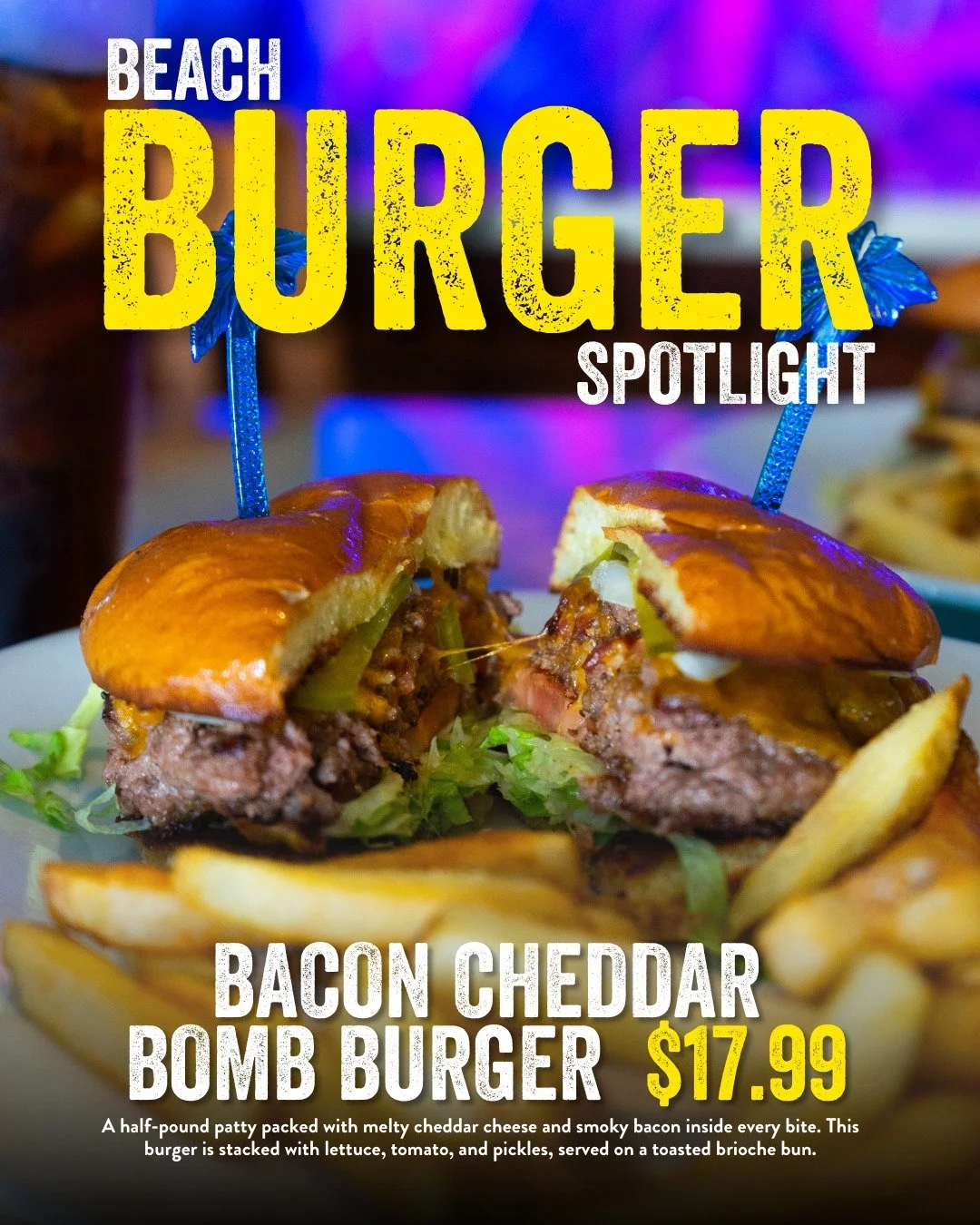 Boom! The Bacon Cheddar Bomb is here.
Get ready for a flavor explosion &ndash; a half-pound patty stuffed with smoky bacon and melty cheddar, topped with crisp lettuce, tomato, and pickles. All served on a perfectly toasted brioche bun.

$17.99 &bull