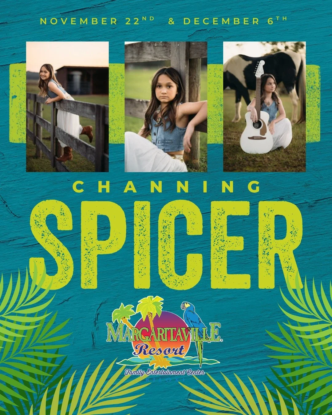 Live at Margaritaville Caf&eacute;!
Join us for two special nights of live music with Channing Spicer, a young rising star bringing fresh energy and amazing vocals to the stage!

📅 November 22 &amp; December 6 | 7-10PM
📍 Margaritaville Caf&eacute;,