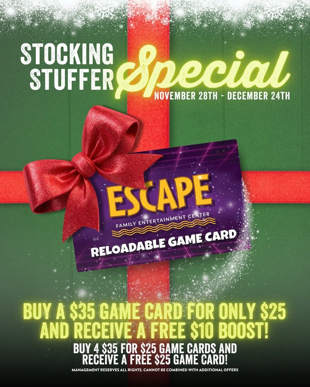 Stocking Stuffer Special is HERE!
Now through Christmas Eve, get more game time for less!
Buy a $35 Escape Game Card for only $25, the perfect gift for kids, friends, coworkers&hellip; or yourself! 

Hurry, this merry deal ends December 24!
Escape Fa