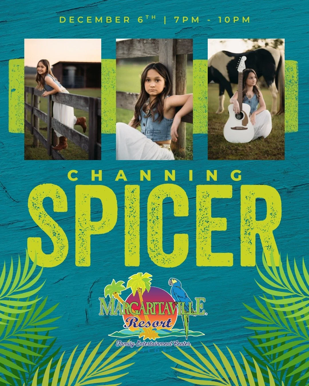 Back by popular demand!
Catch Channing Spicer live again at Margaritaville Caf&eacute; on Saturday, December 6! 

Enjoy dinner, drinks, and great music as this young performer brings fresh coastal vibes to your Friday night. 

📍 Margaritaville Caf&e