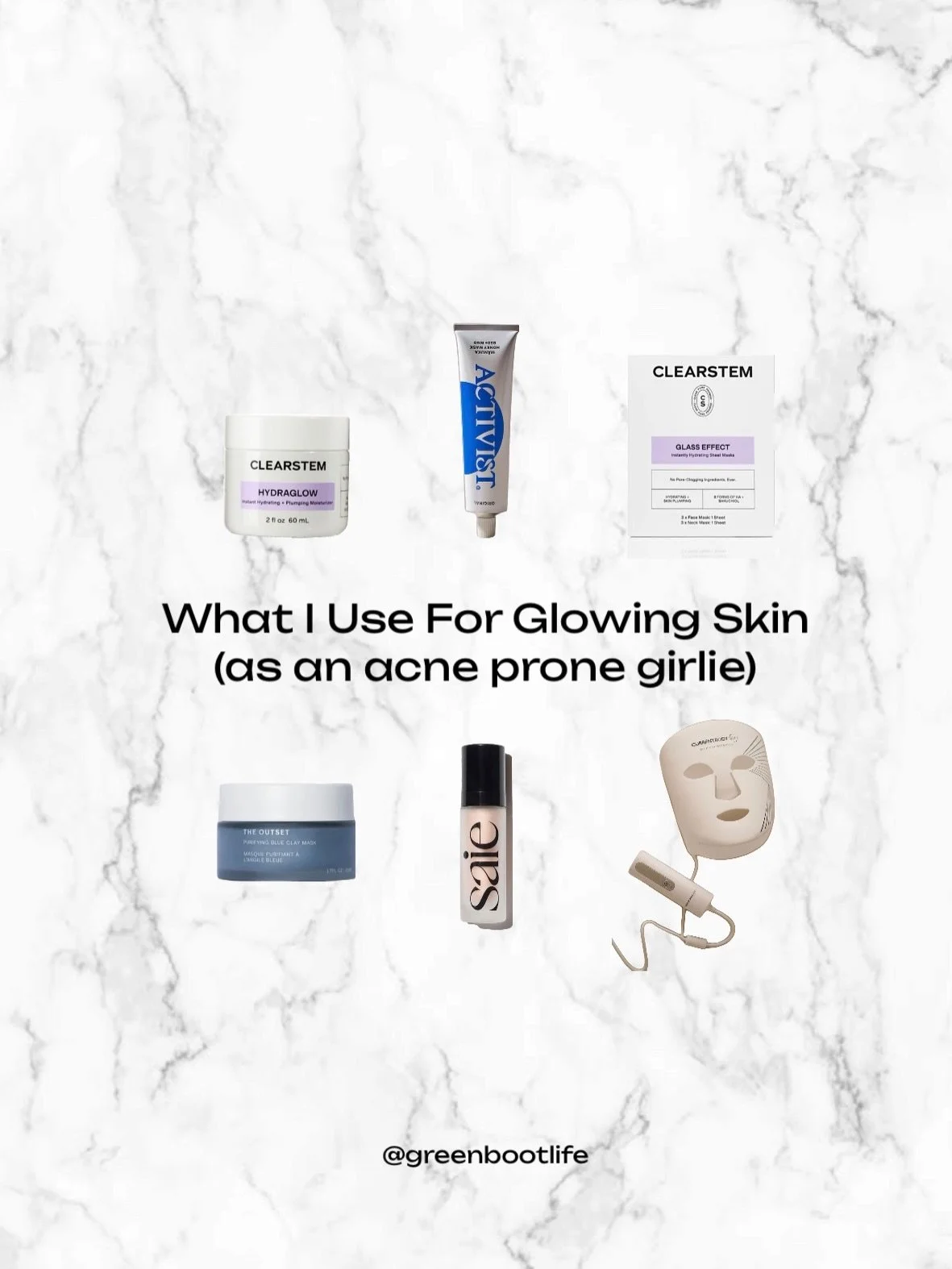 What I Use For Glowing Skin as an acne prone girlie! ➡️

Comment GLOW and I&rsquo;ll send you these products directly to your inbox. 🫶🏻

You can save on @clearstemskincare and @currentbody with code GREENBOOTLIFE 🙌🏻

#glowyskin #glowyskincare #gl