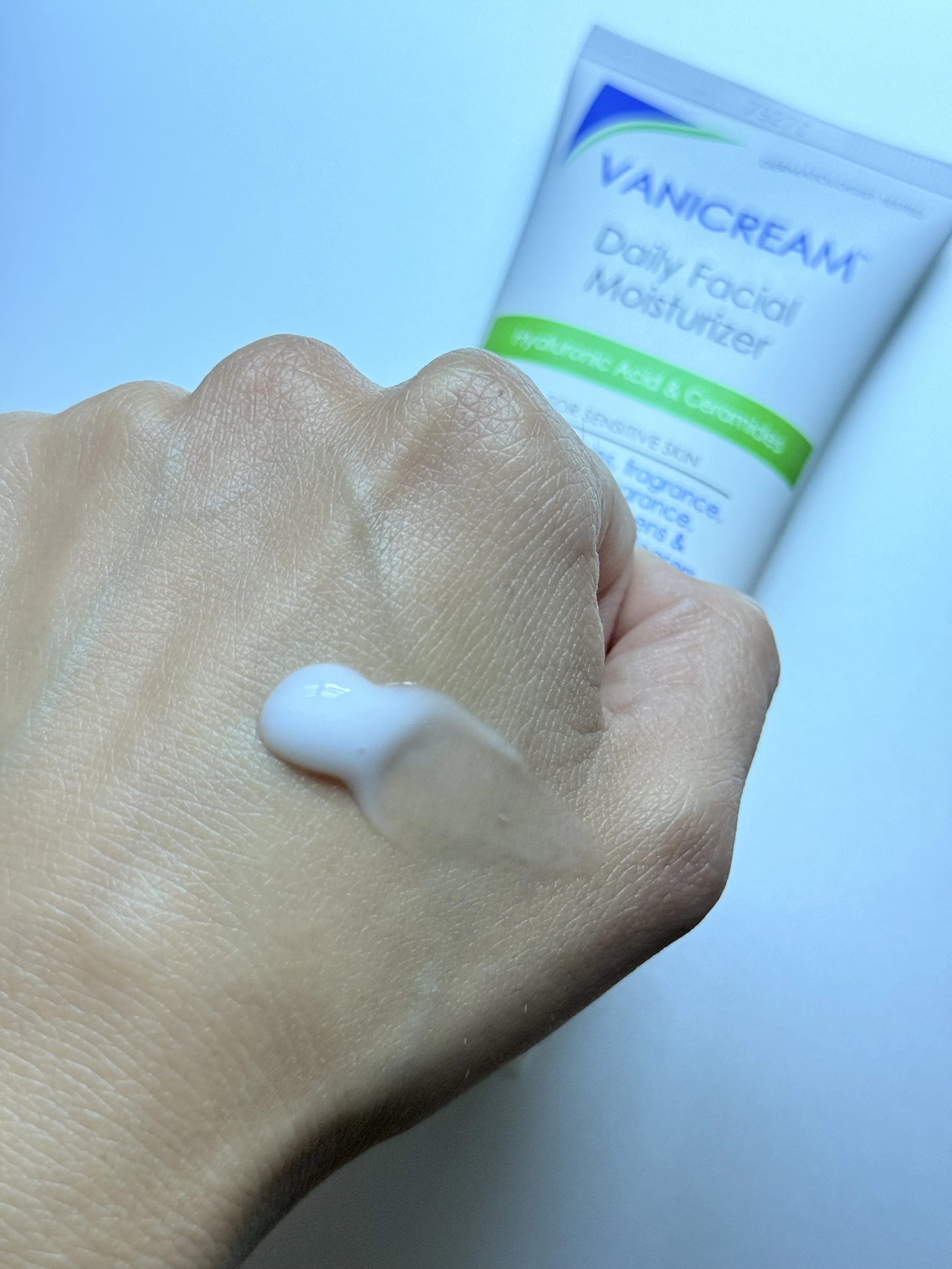 Vanicream Daily Facial Moisturizer swatch beside its tube packaging