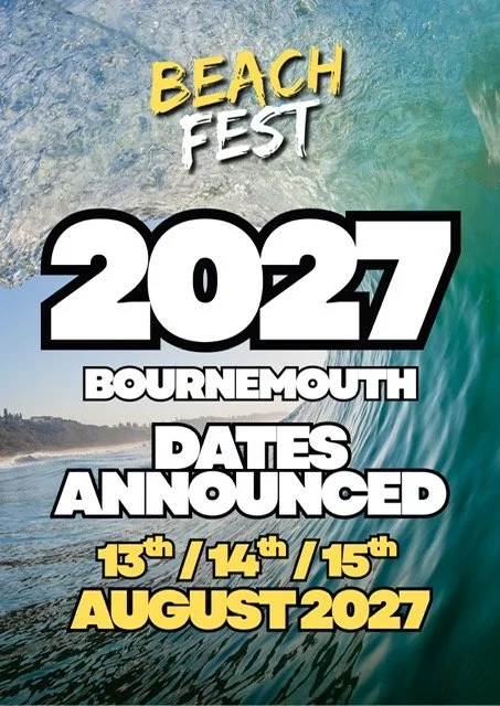 Flyer promoting the UK Celebrity Beach Soccer Tournament at Bournemouth Beach on Saturday, August 9th, 2025, with images of people playing soccer and two men posing.