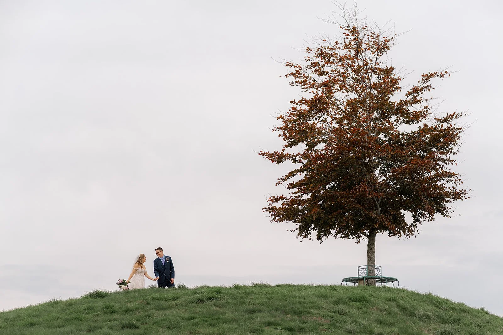 Izzy & Andy walking hand in hand across a grassy hill on their wedding day at The Kingscote Barn, cotswolds. A single autumn tree stands beside them against a pale sky, creating a peaceful, minimalist scene as the couple smile at each other.
