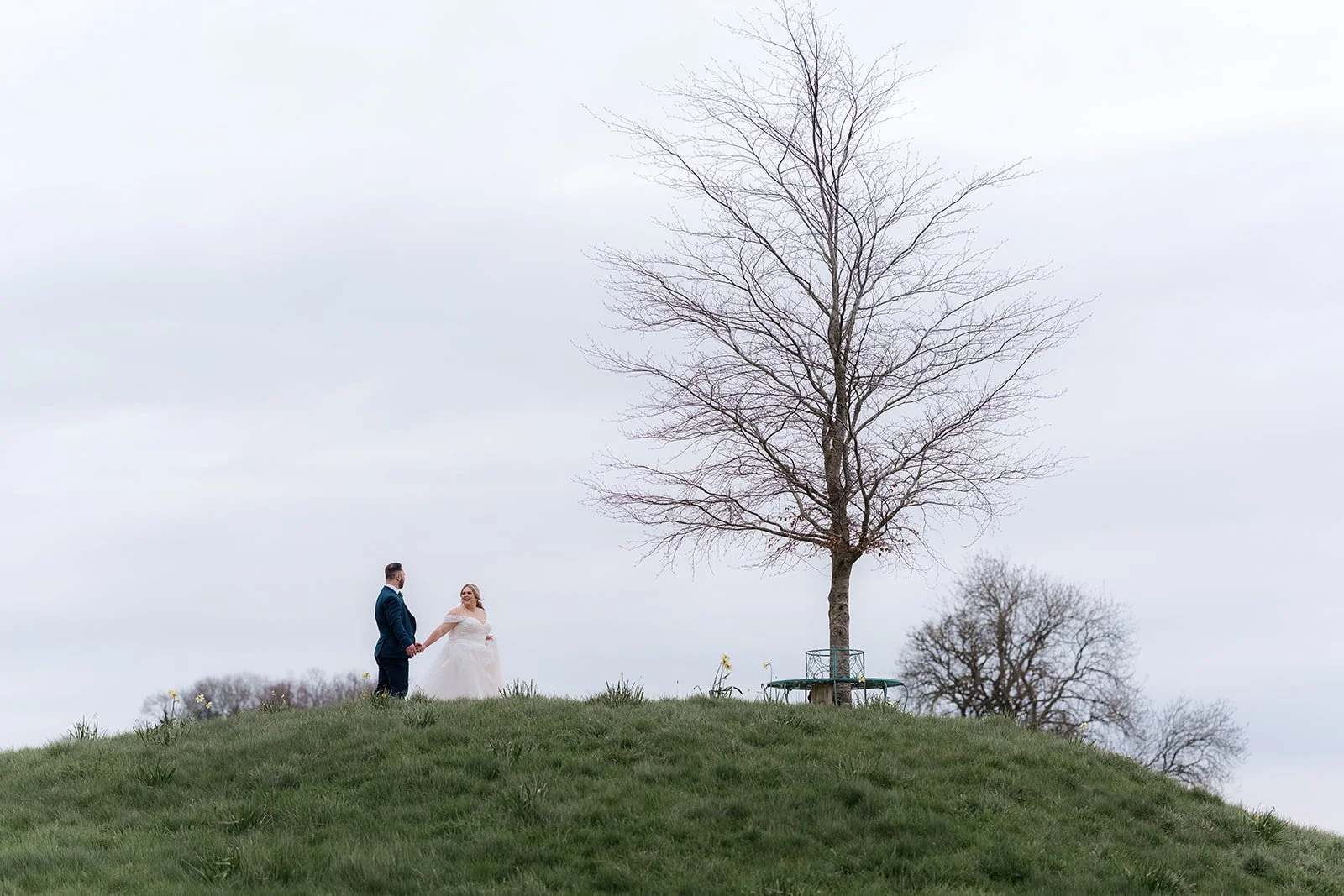 Siobhan & Nicholas stand hand in hand on a grassy hill at Kingscote Barn in the Cotswolds, UK, beneath a bare tree and wide grey sky, a quiet countryside wedding portrait with open views, soft spring light and rustic barn wedding scenery outside.