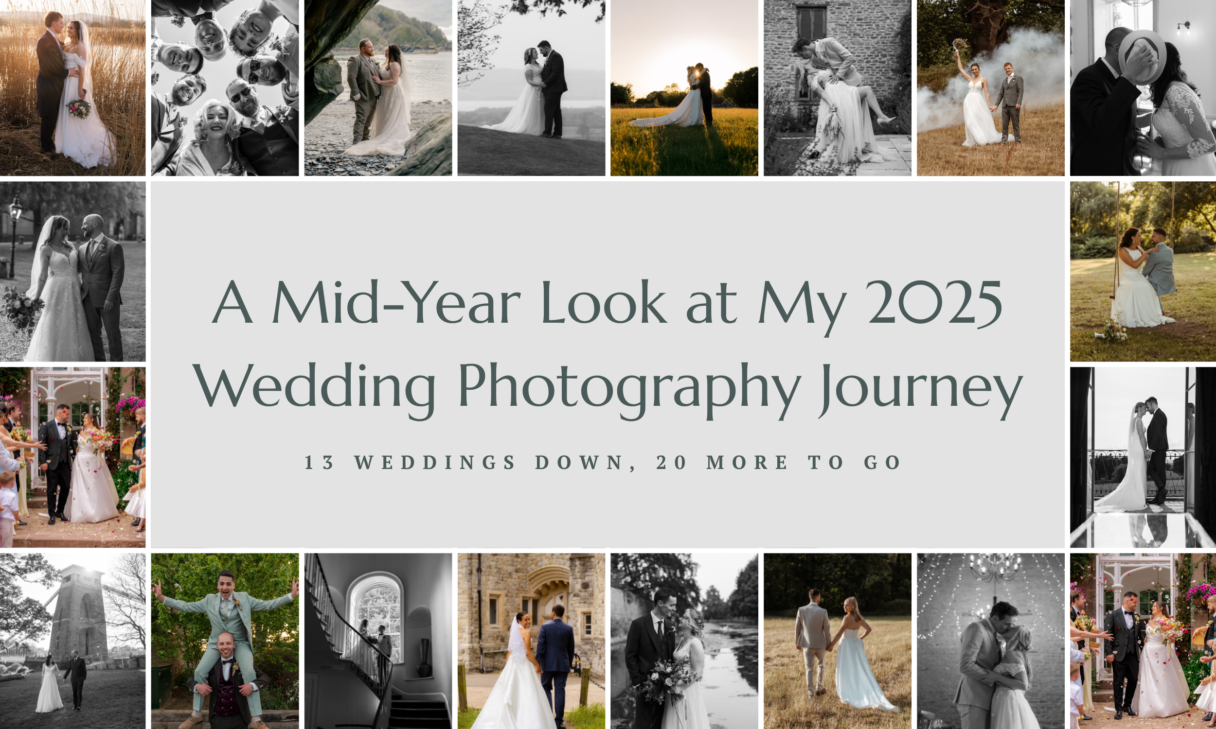Cover photo for a Bristol wedding photographer blog showing a collage of couples’ wedding moments from 2025, celebrating 13 weddings captured across beautiful venues with natural, romantic photography styles.