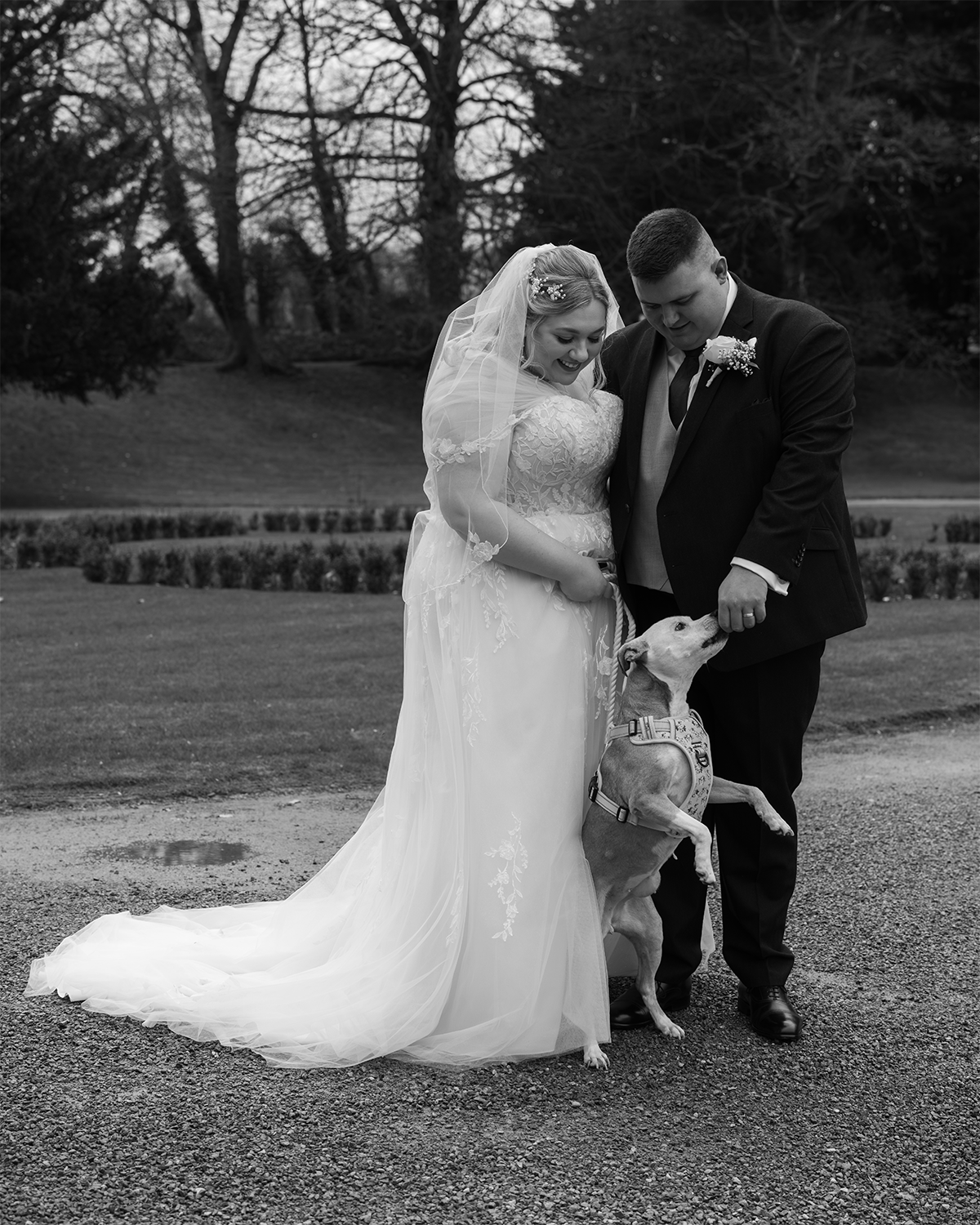 Black and white photo of a bride and groom with a dog outdoors, smiling and looking down at the dog, surrounded by trees and grass.
