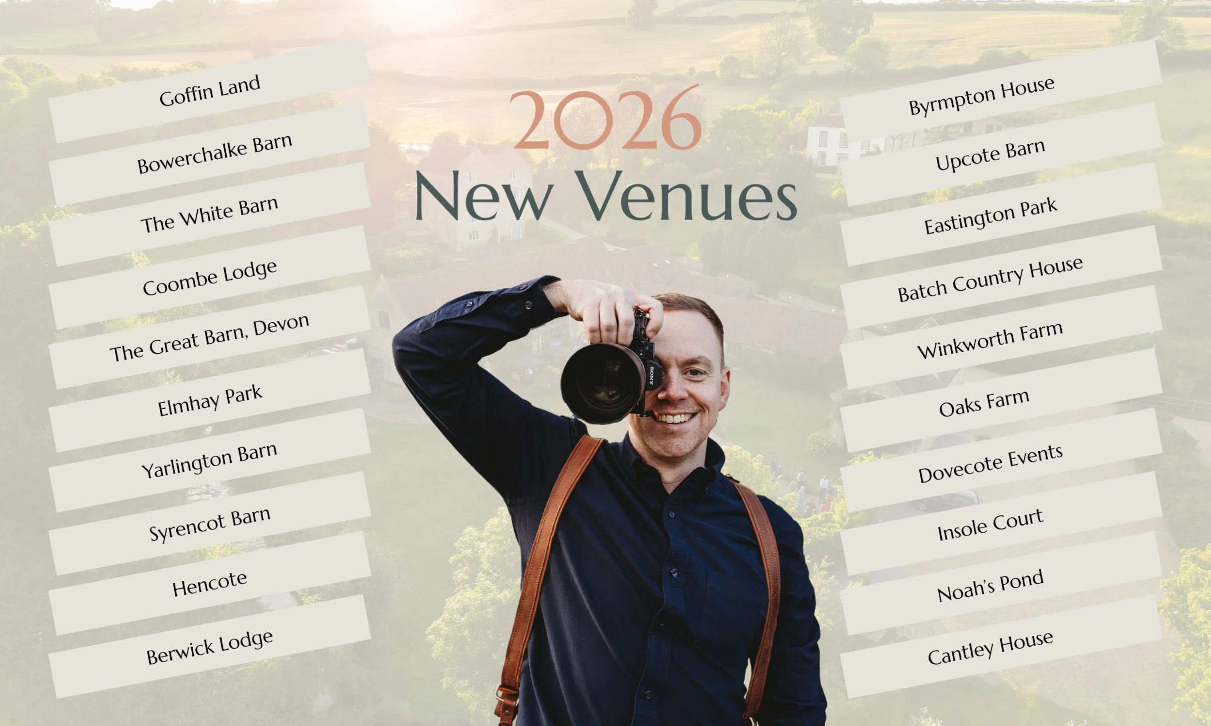 Just James Weddings 2026 new venues cover photo featuring wedding photographer James Clarke holding a camera, surrounded by a list of upcoming UK wedding venues for 2026.