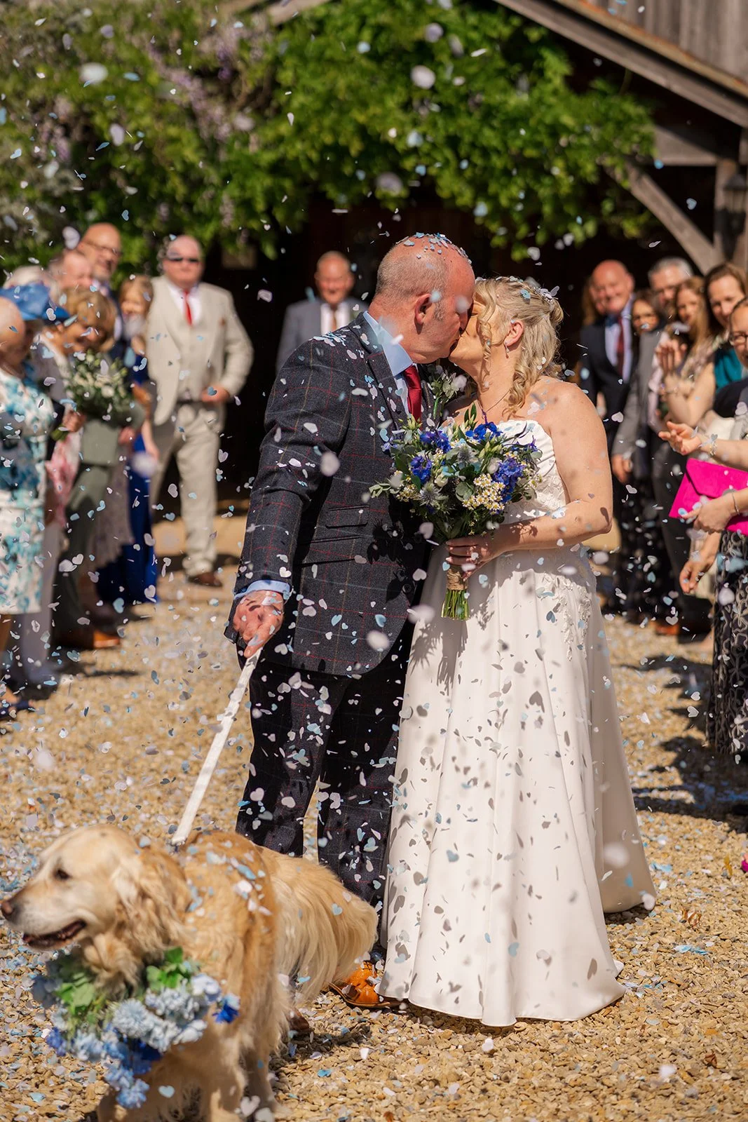 Debbie and Nigel kiss in a shower of blue and white confetti outside Yarlington Barn in Somerset, with guests smiling around them and their golden retriever leading the way through the joyful wedding celebration.