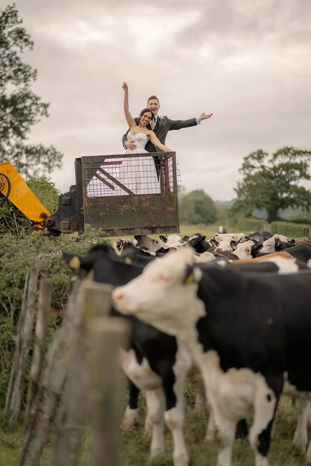 Jaye & Josh wave from a JCB lift above the cows at Farrington's Farm in Bristol, with the bride in a white dress, the groom holding her close, green countryside, cloudy skies and playful farm wedding portrait energy across the fields nearby.