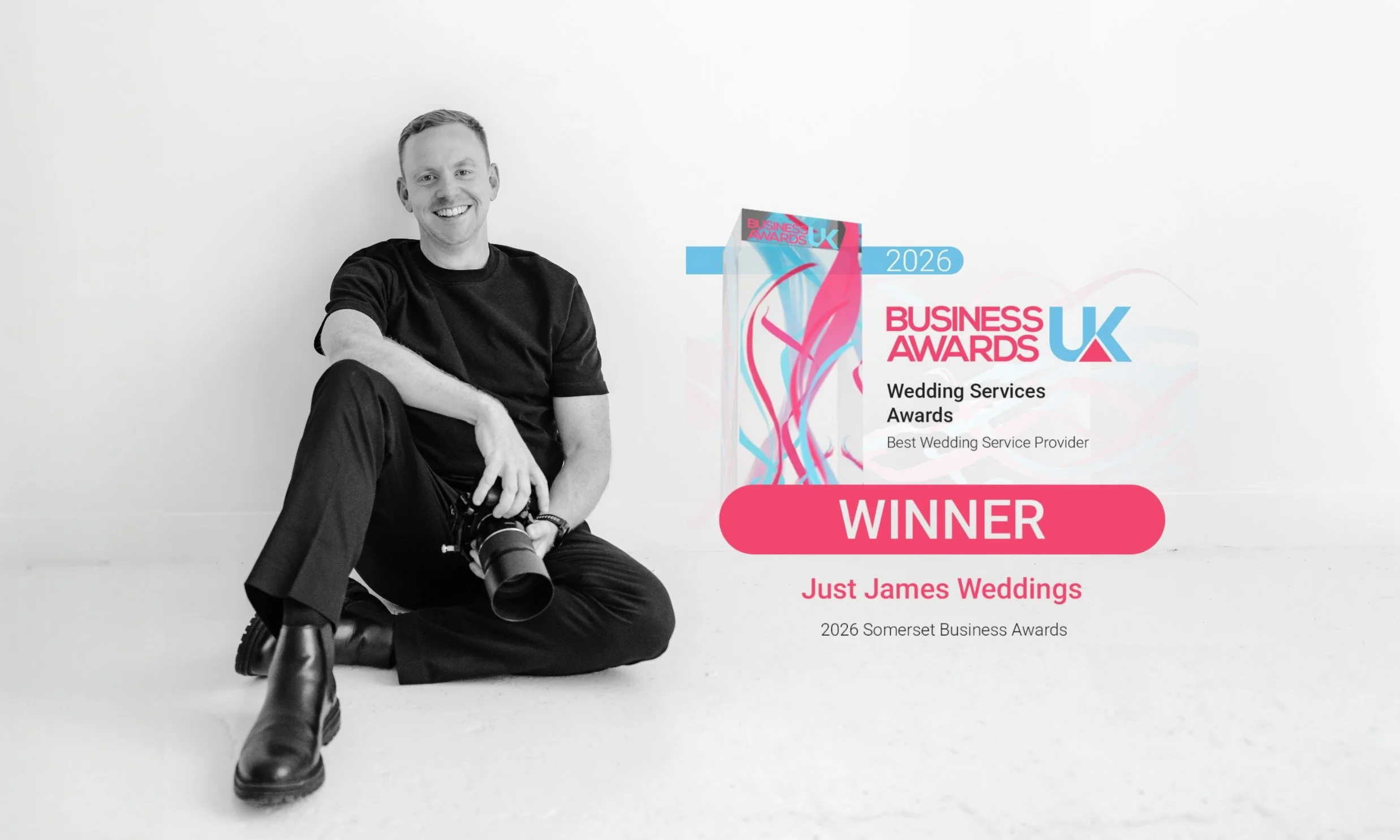 James from Just James Weddings pictured beside the Business Awards UK 2026 winner graphic for Wedding Services in Somerset, celebrating recognition as Best Wedding Service Provider.