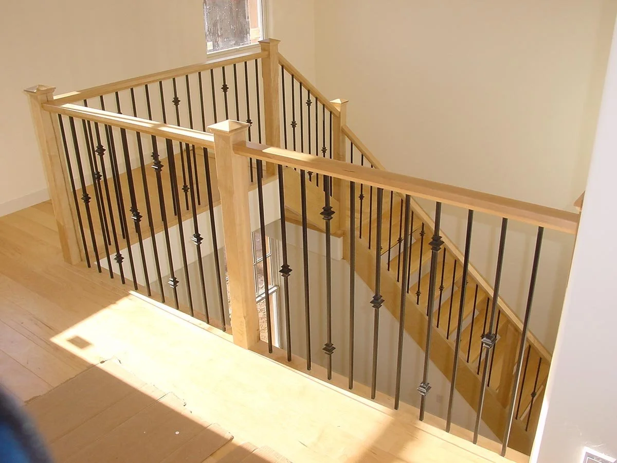 Interior stair banister gallery. Maple wood stairs and railings. Open ...