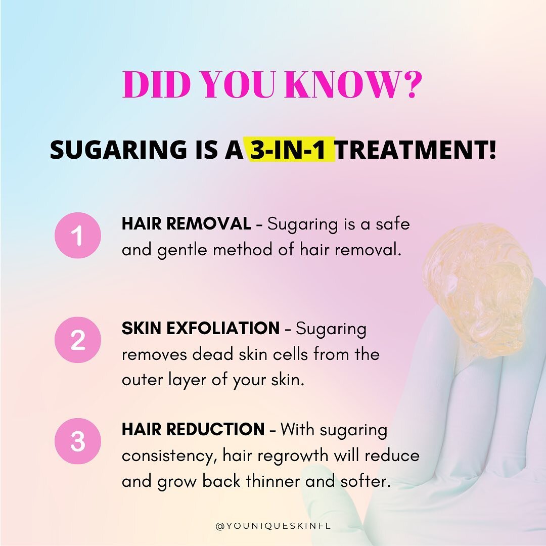 Did you know sugaring is a 3-in-1 treatment? 🤩

Yes! You get to enjoy the best of&hellip; 3️⃣ worlds! 💫💖 

Sugaring is a gentle form of hair removal that includes skin exfoliation, and results in hair reduction! 😍

If you haven&rsquo;t transition