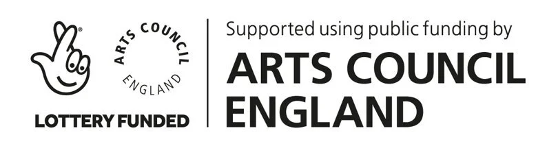 Black text on white background with crossed fingers logo and circle of text logo Arts Council England