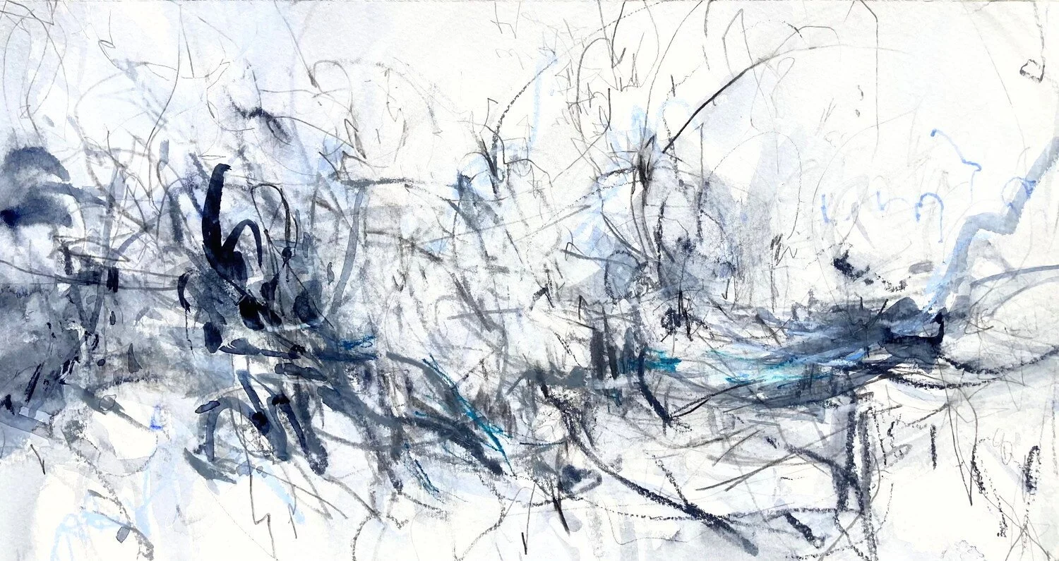 Ella Clocksin contemporary artist, abstract painting 'Birdsong Perceptual Field 20' in blue and monochrome